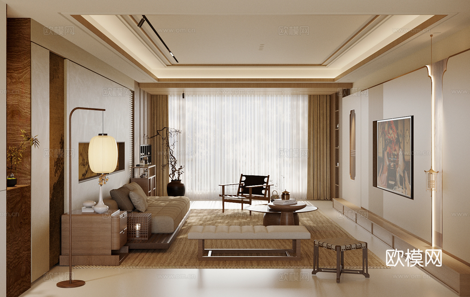 新中式禅意家居客厅 中式客厅 宋式美学客厅 无主灯客厅3d模型下载