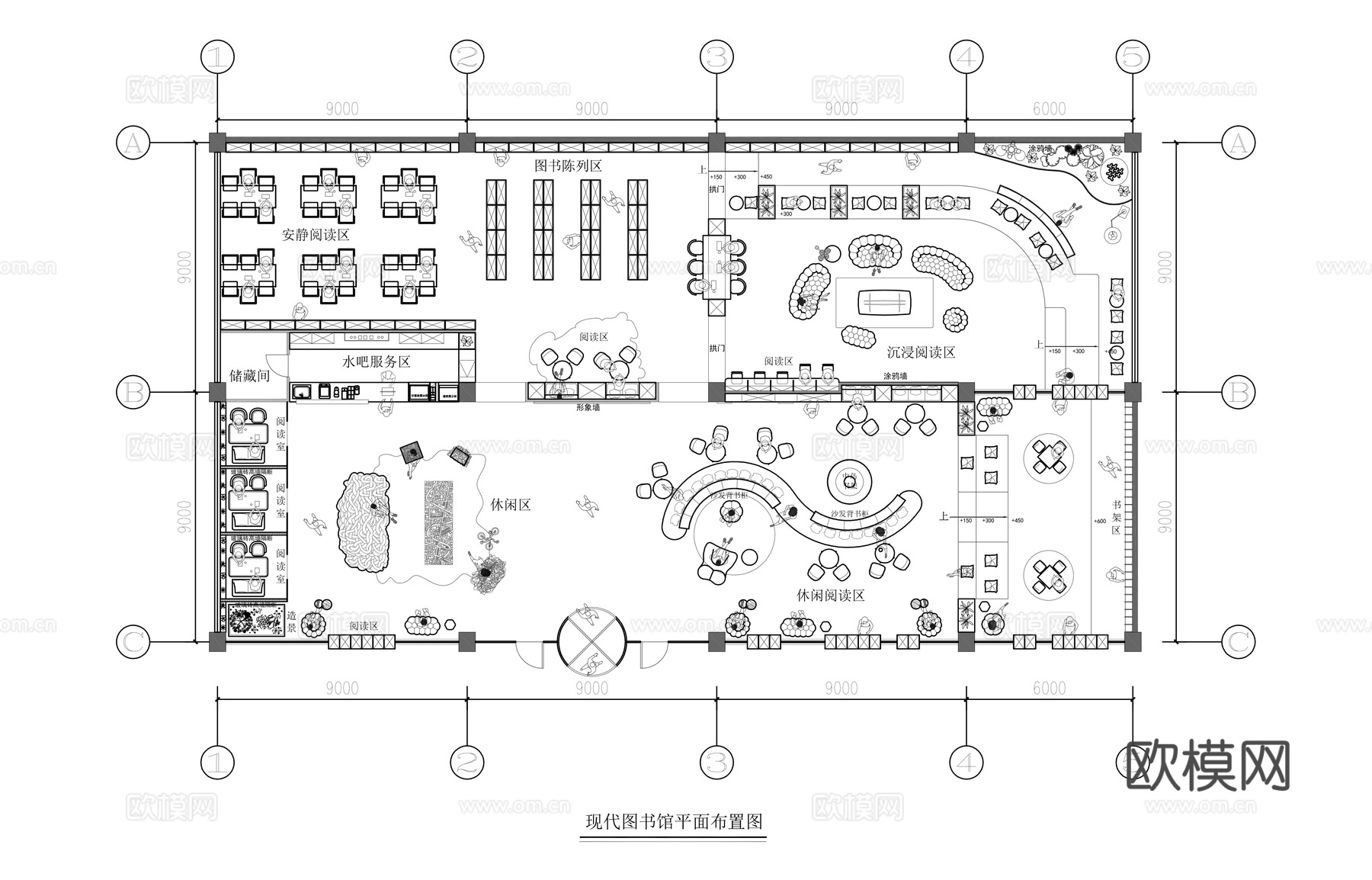 现代图书馆平面布置图cad施工图