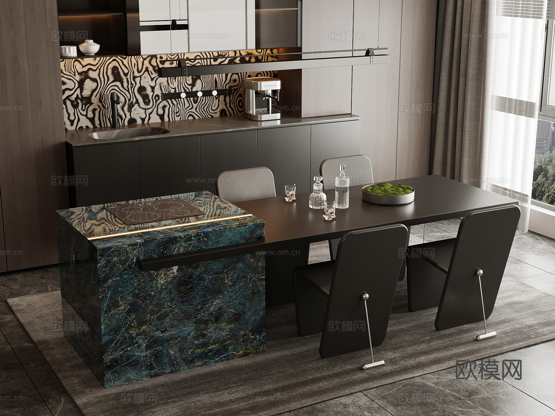现代意式餐厅 岛台 开放式餐厅3d模型下载