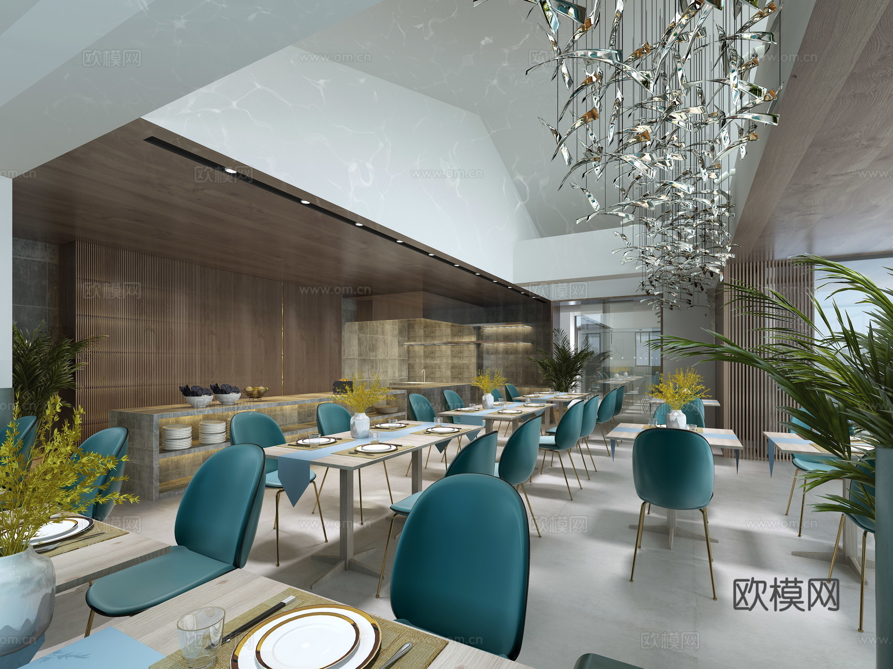 新中式西餐厅沙发椅子灯具饰品3d模型下载（渲染图1）