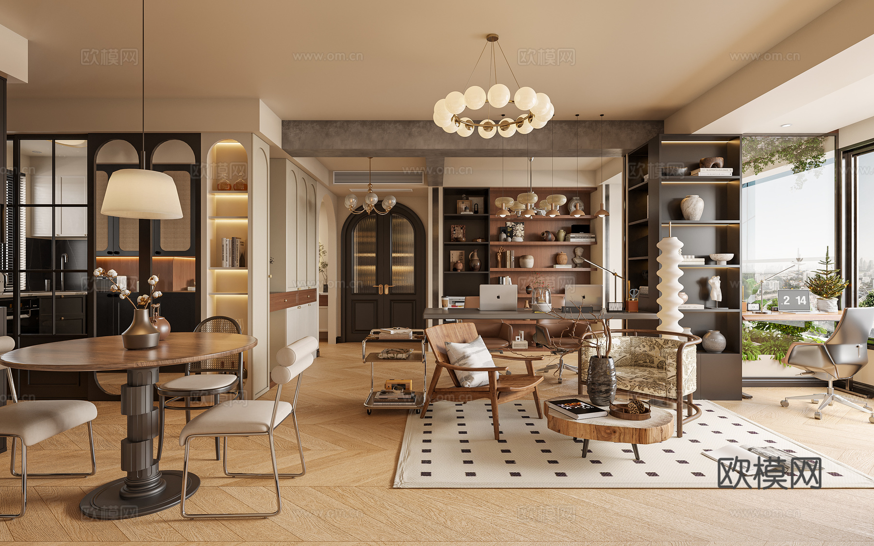 中古风奶油客餐厅3d模型下载