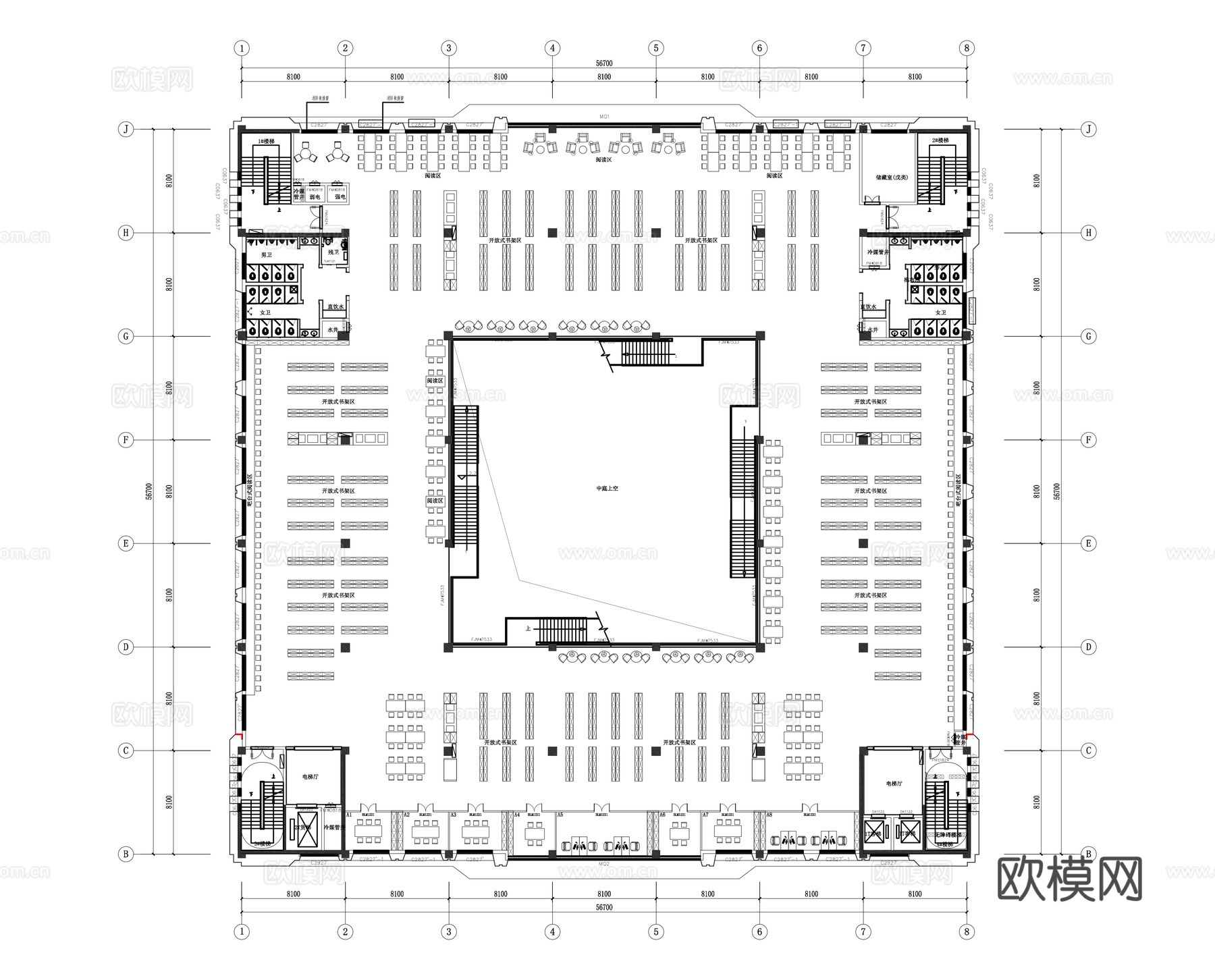 开放式图书馆平面图cad施工图