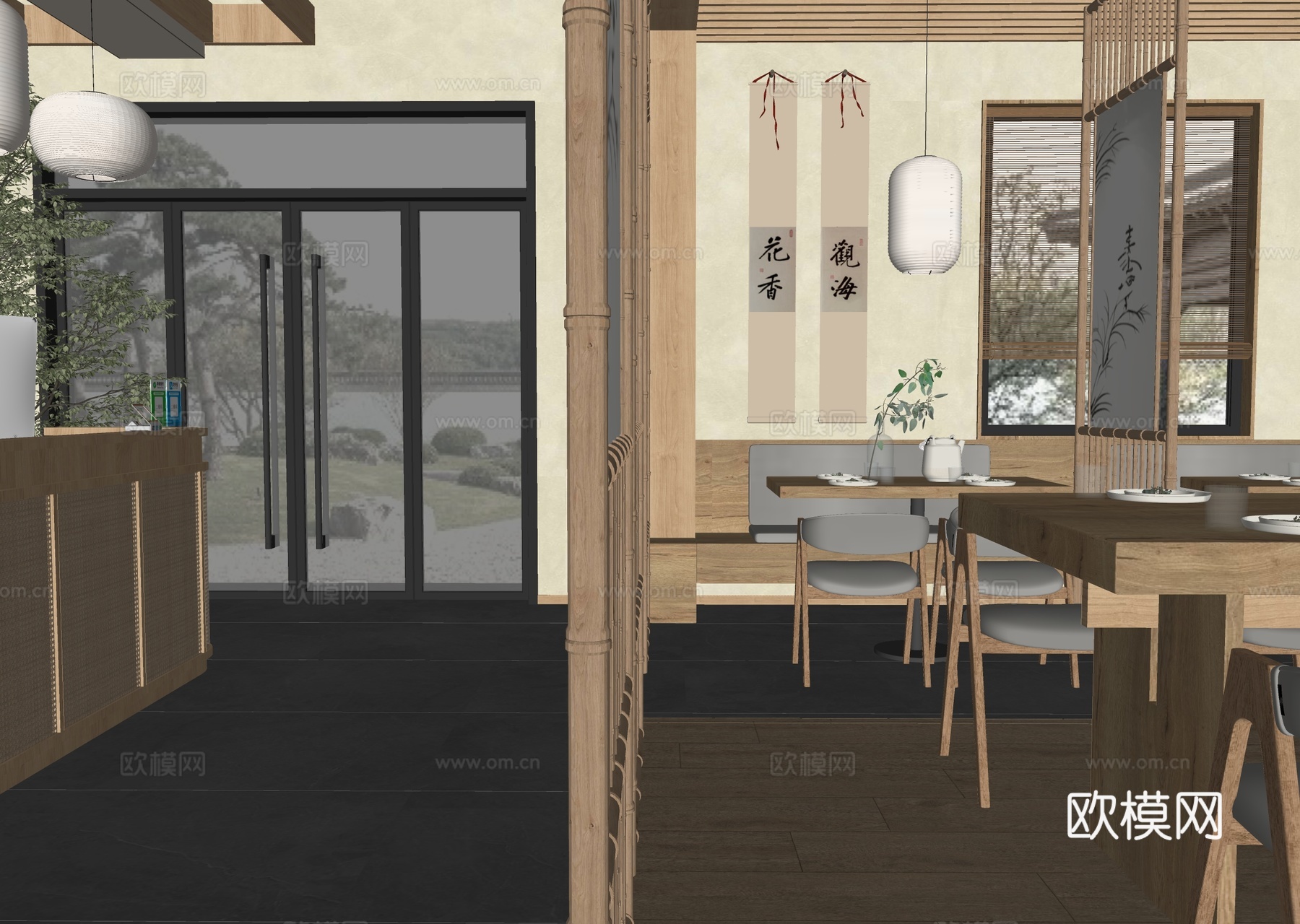 新中式餐厅 餐饮空间 餐桌椅组合su模型
