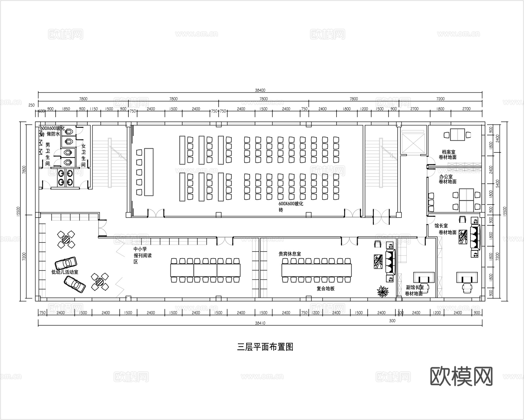 三层图书馆平面布置图cad施工图