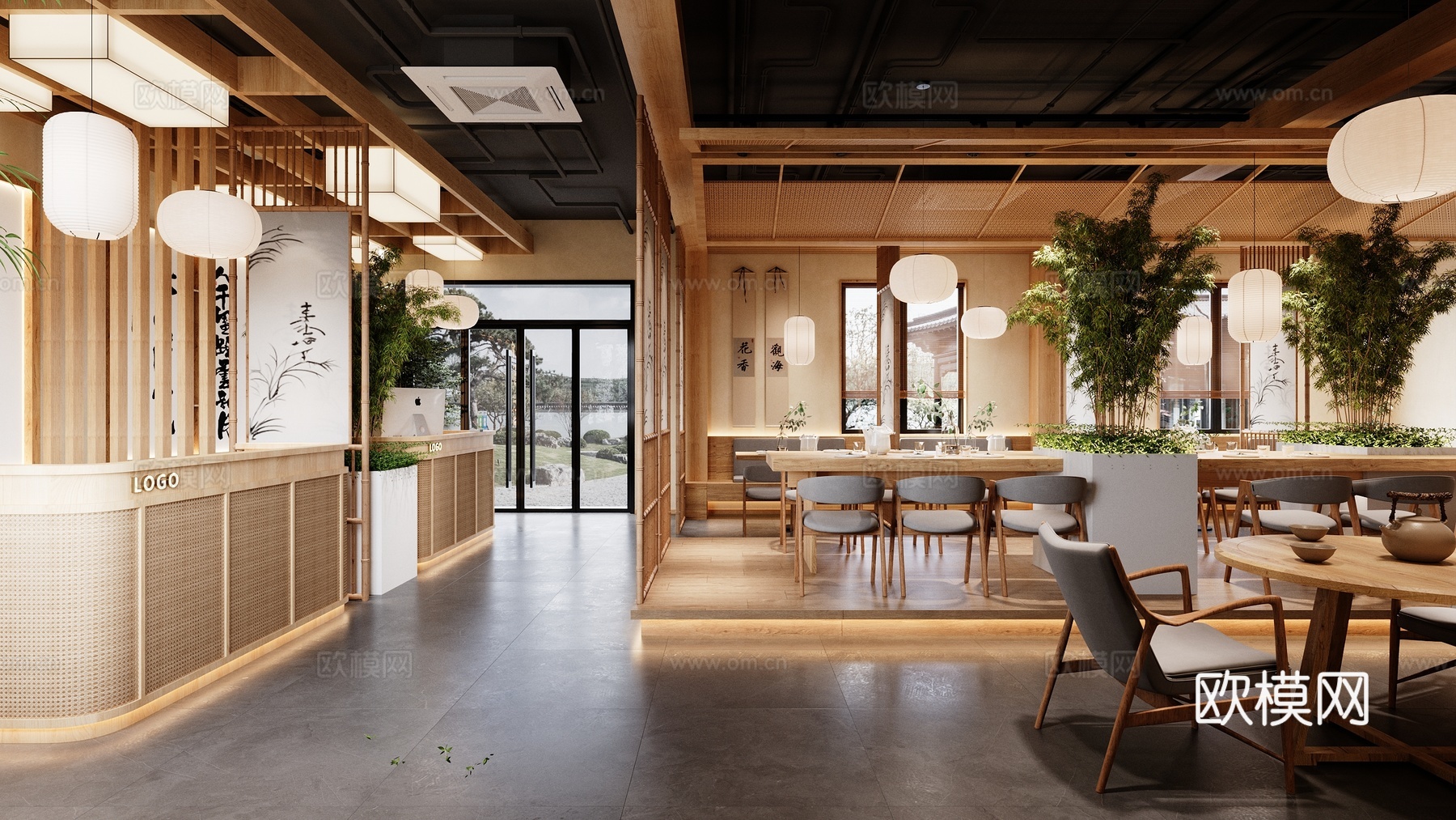 新中式素食餐厅3d模型下载（渲染图3）