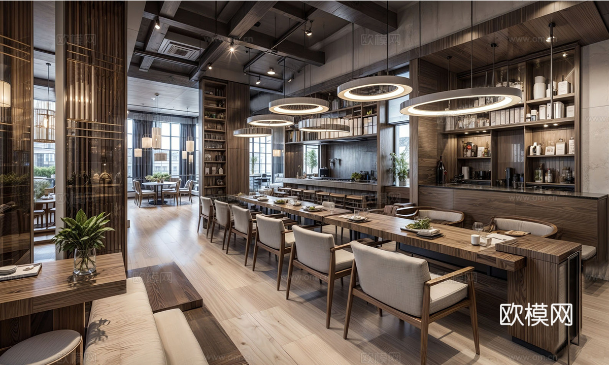 新中式中餐厅 餐桌椅组合 吊灯su模型