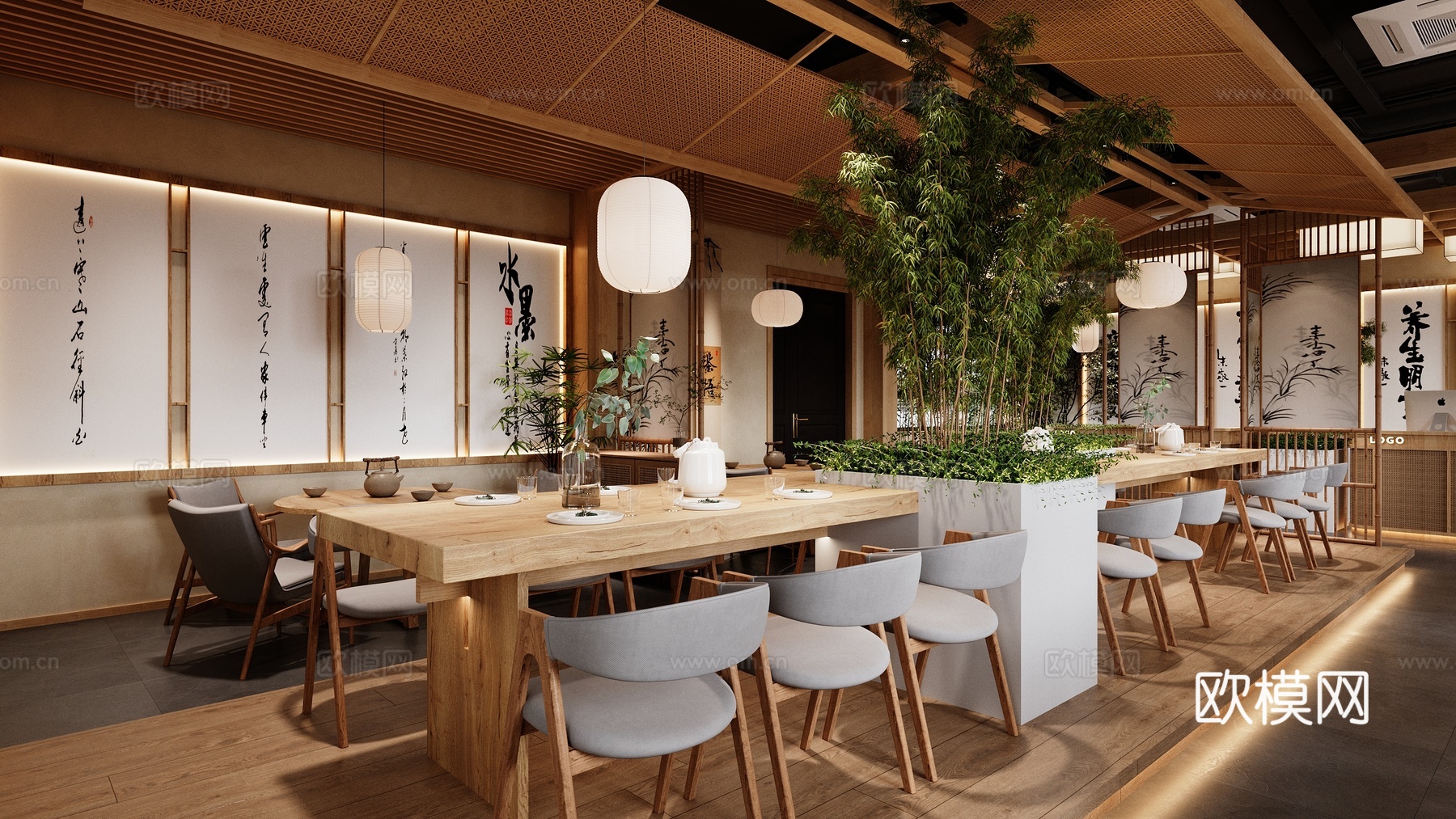 新中式素食餐厅3d模型下载（渲染图1）