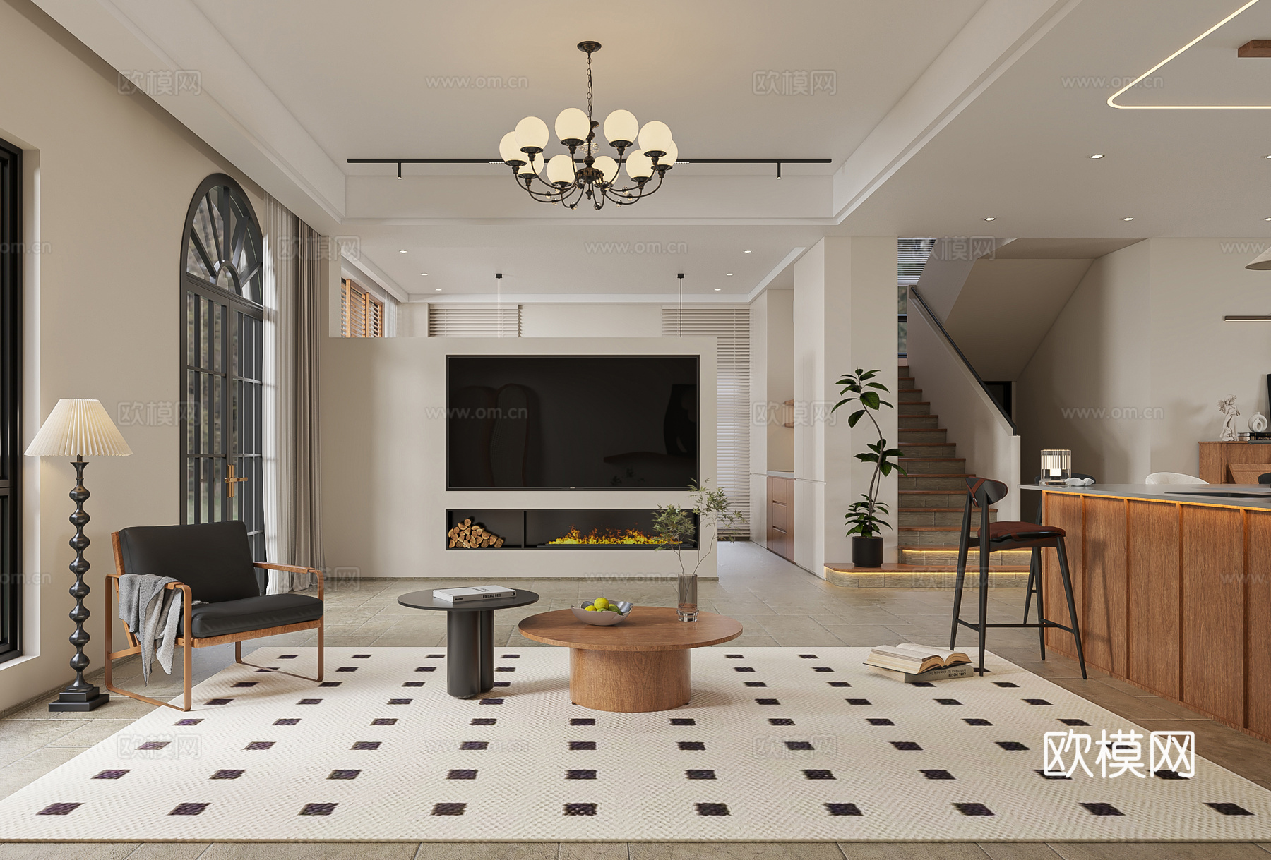 中古风简约客餐厅3d模型下载