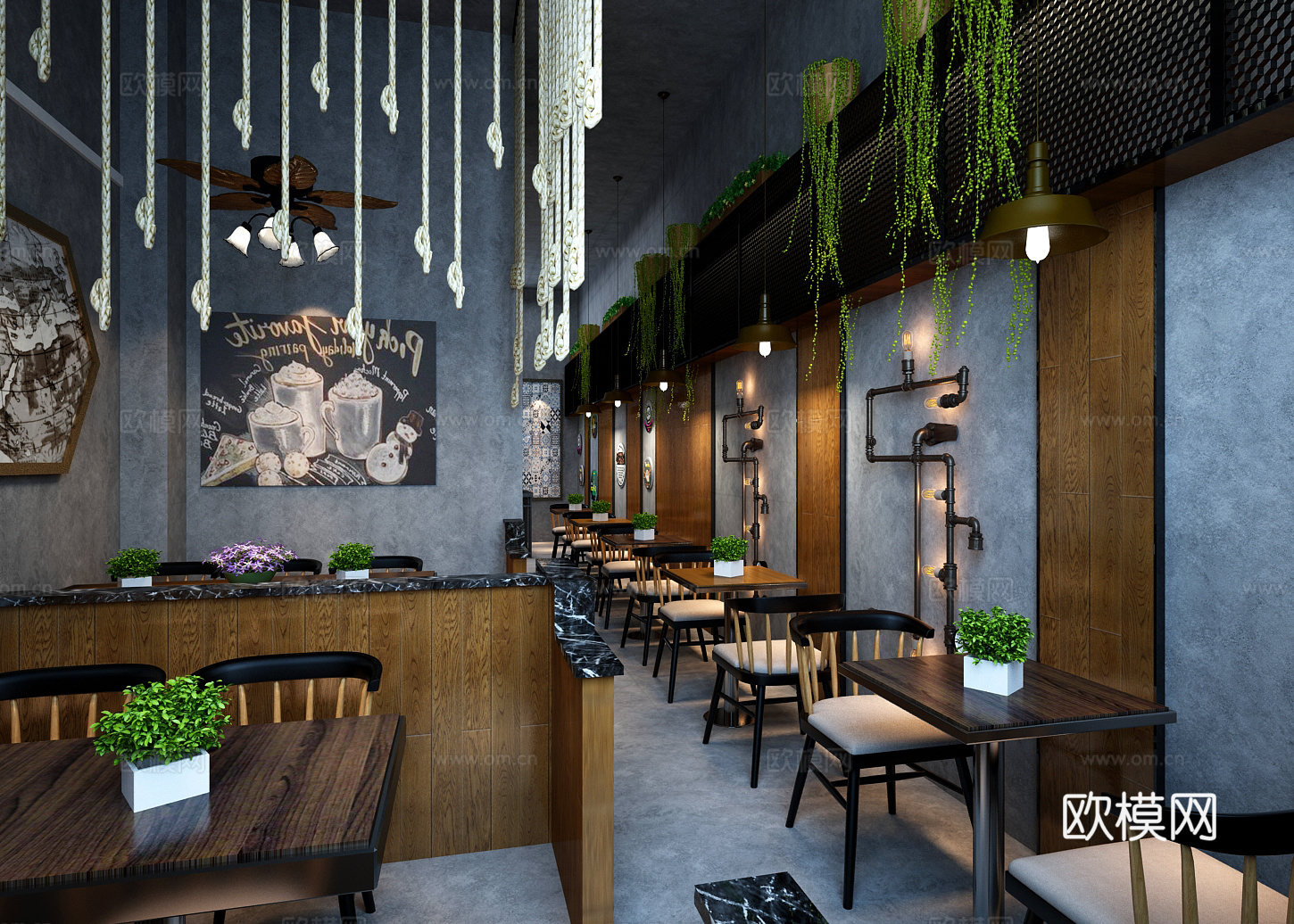 工业风小吃店 西餐厅 面馆 咖啡店3d模型下载（渲染图2）