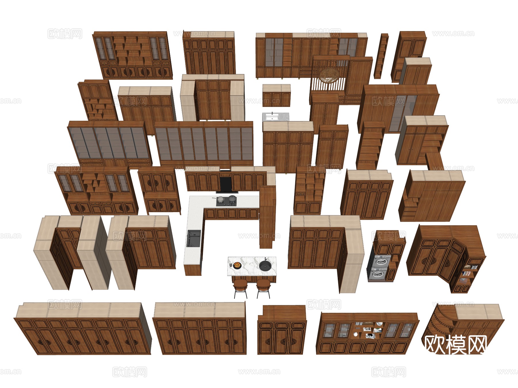 新中式衣柜 包含内部结构 书柜  厨房柜 入户鞋柜 洗衣阳台su模型