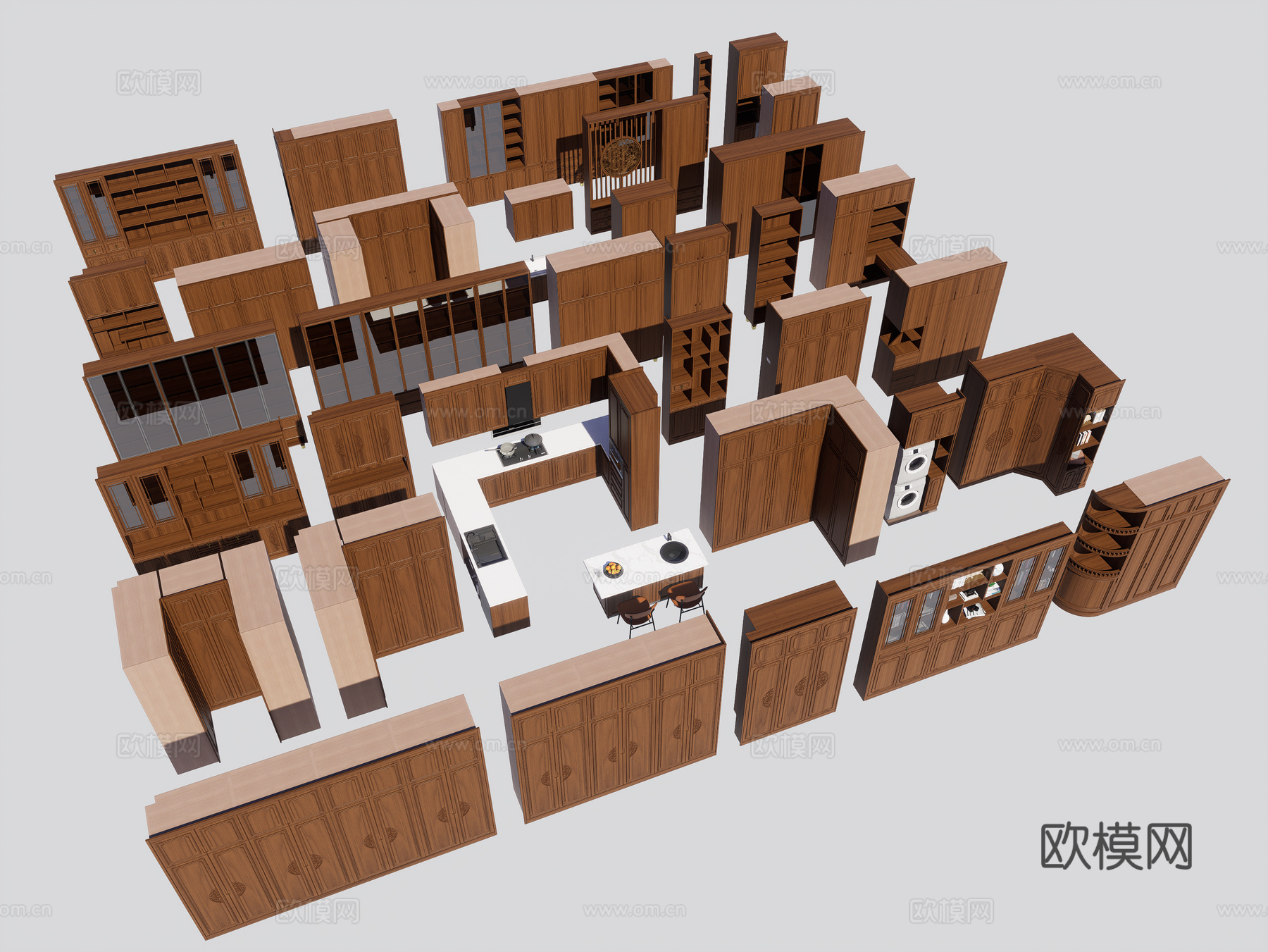 新中式衣柜 包含内部结构 书柜  厨房柜 入户鞋柜 洗衣阳台su模型
