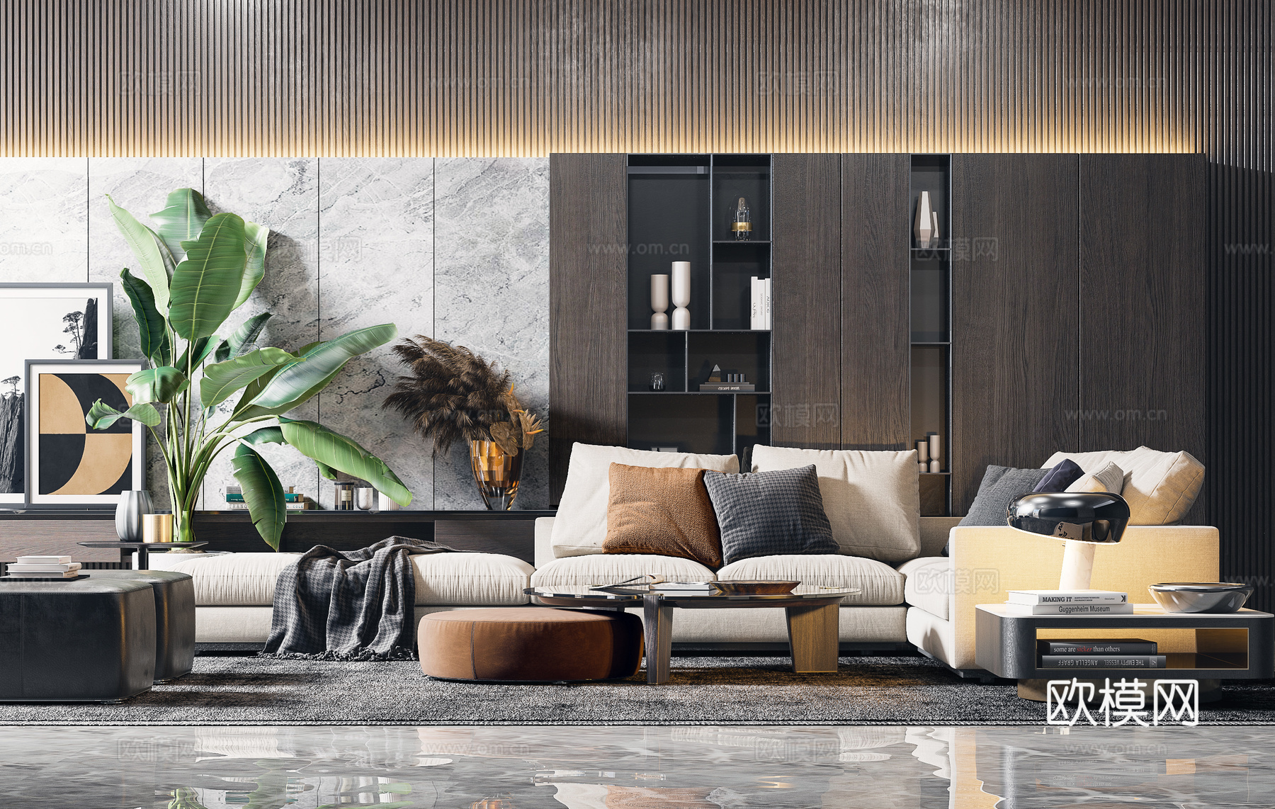 现代客厅 绿植 台灯 茶几 盆栽 书架 转角沙发 饰品摆3d模型下载