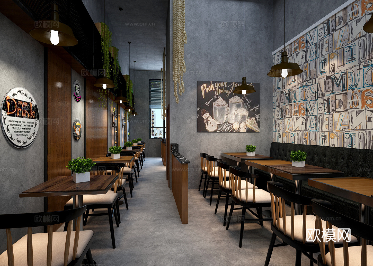 工业风小吃店 西餐厅 面馆 咖啡店3d模型下载（渲染图1）