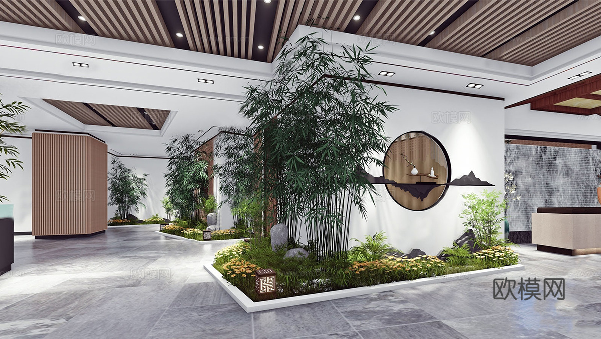 新中式中餐厅 室内景观 餐饮大厅su模型
