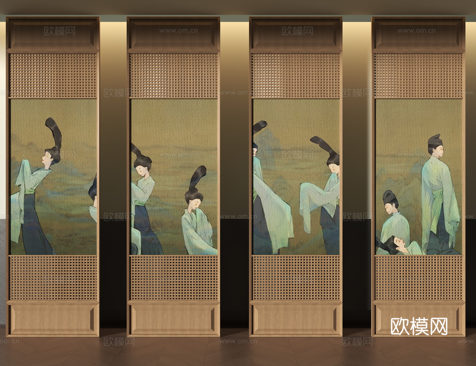 中式屏风隔断 仕女图3d模型下载