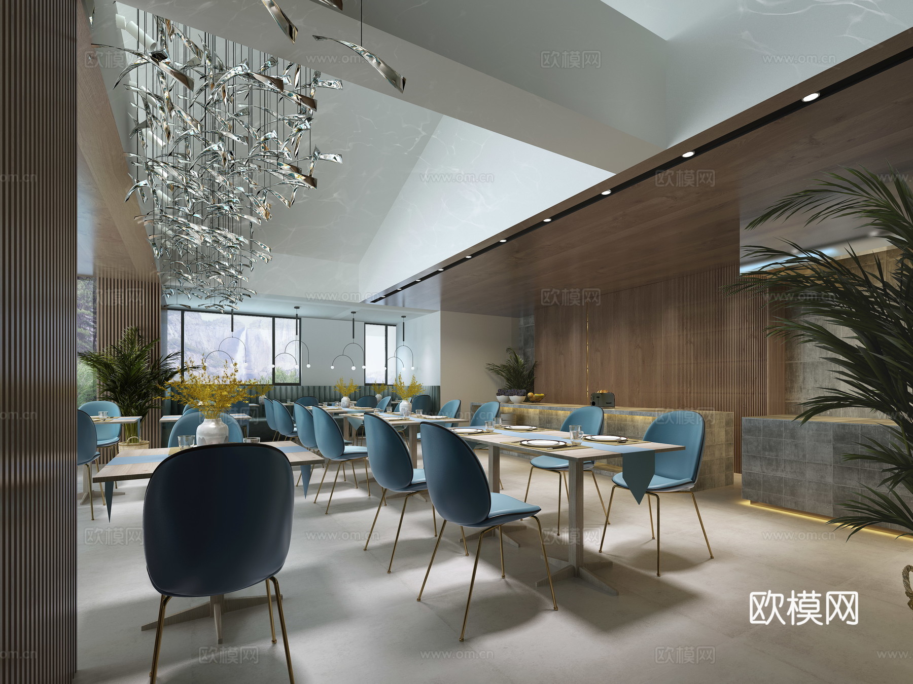 新中式西餐厅沙发椅子灯具饰品3d模型下载（渲染图2）