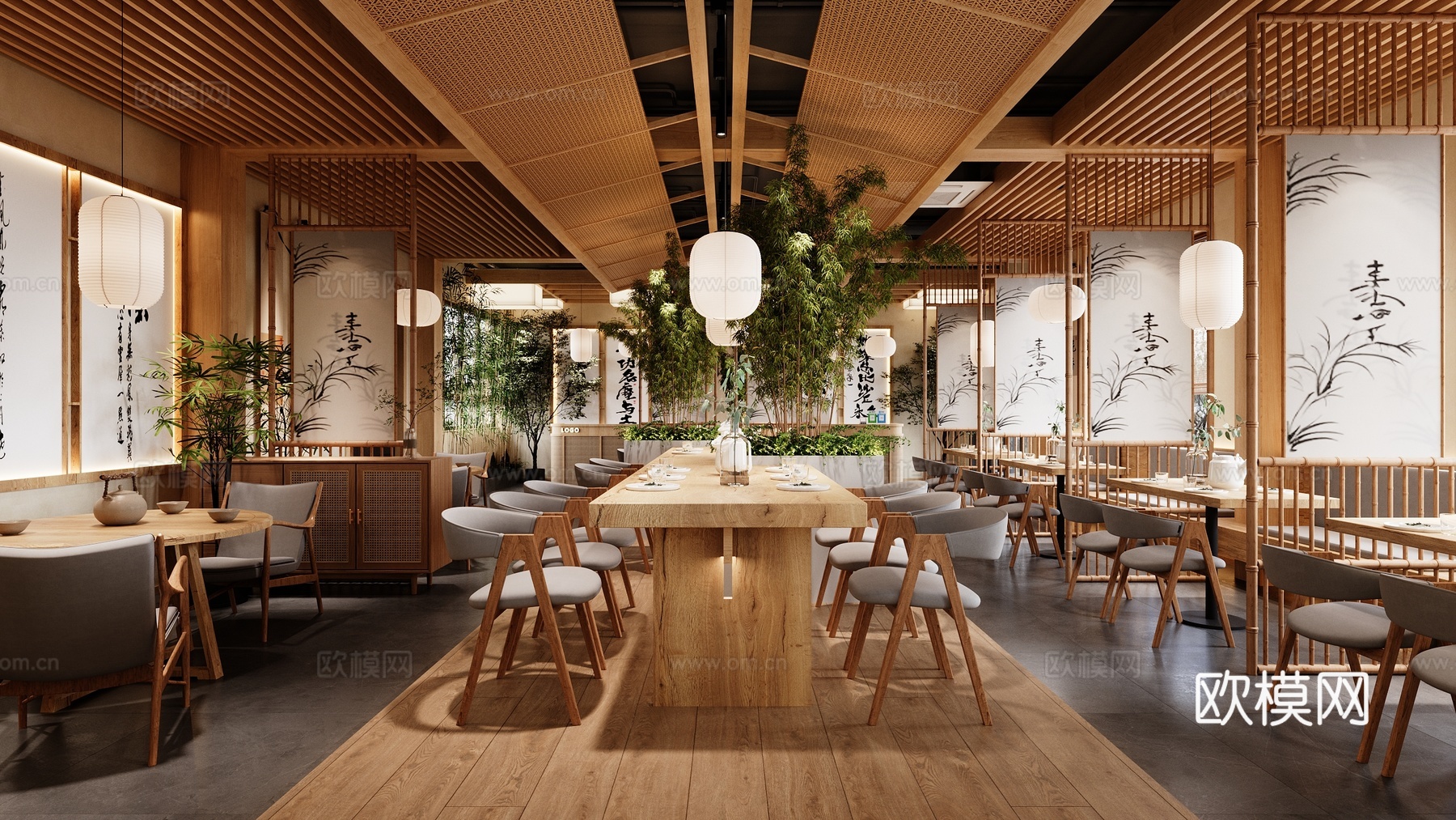 新中式素食餐厅3d模型下载（渲染图2）