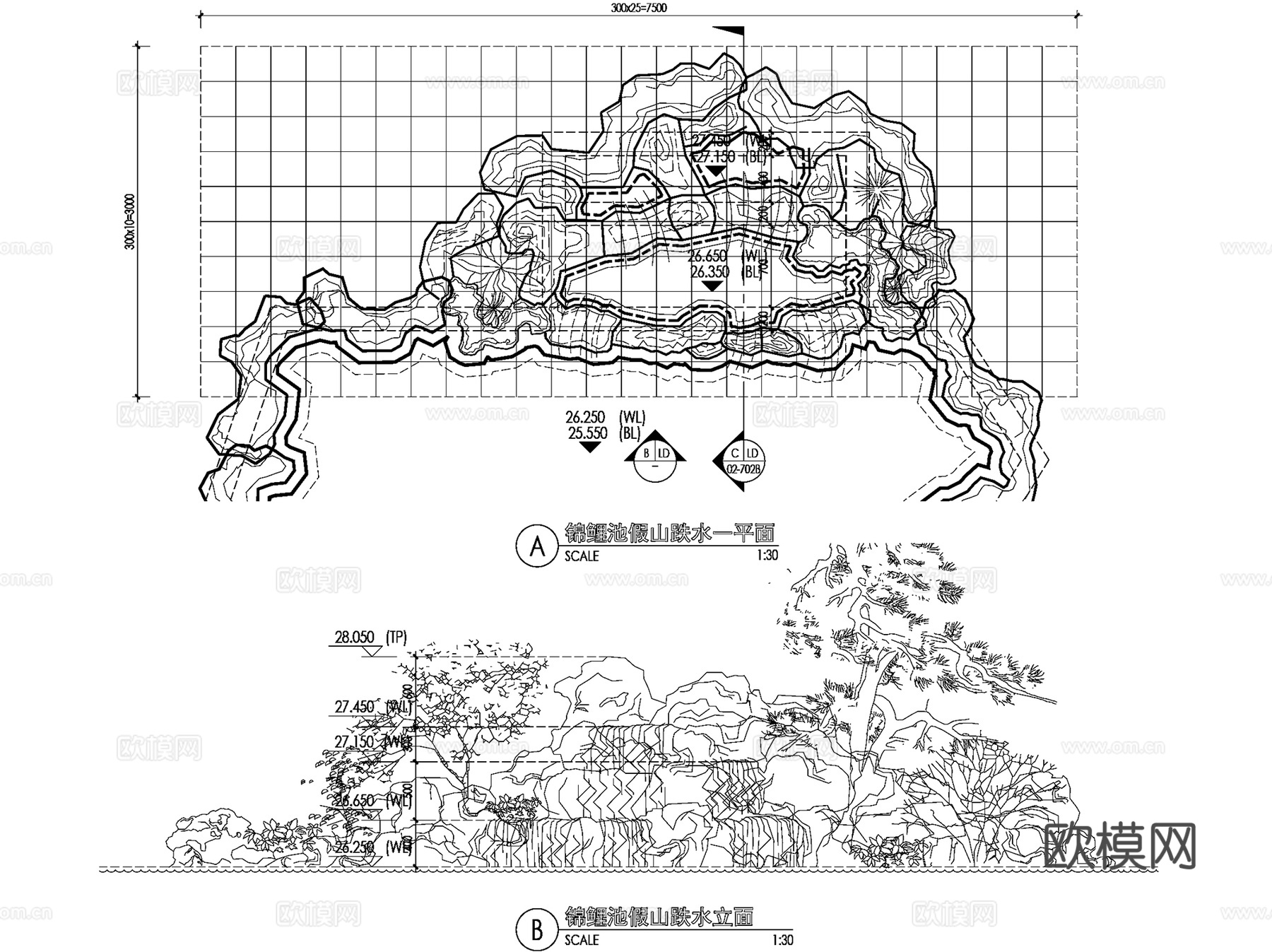 假山跌水叠水瀑布锦鲤池景观CAD施工图集 20套cad施工图