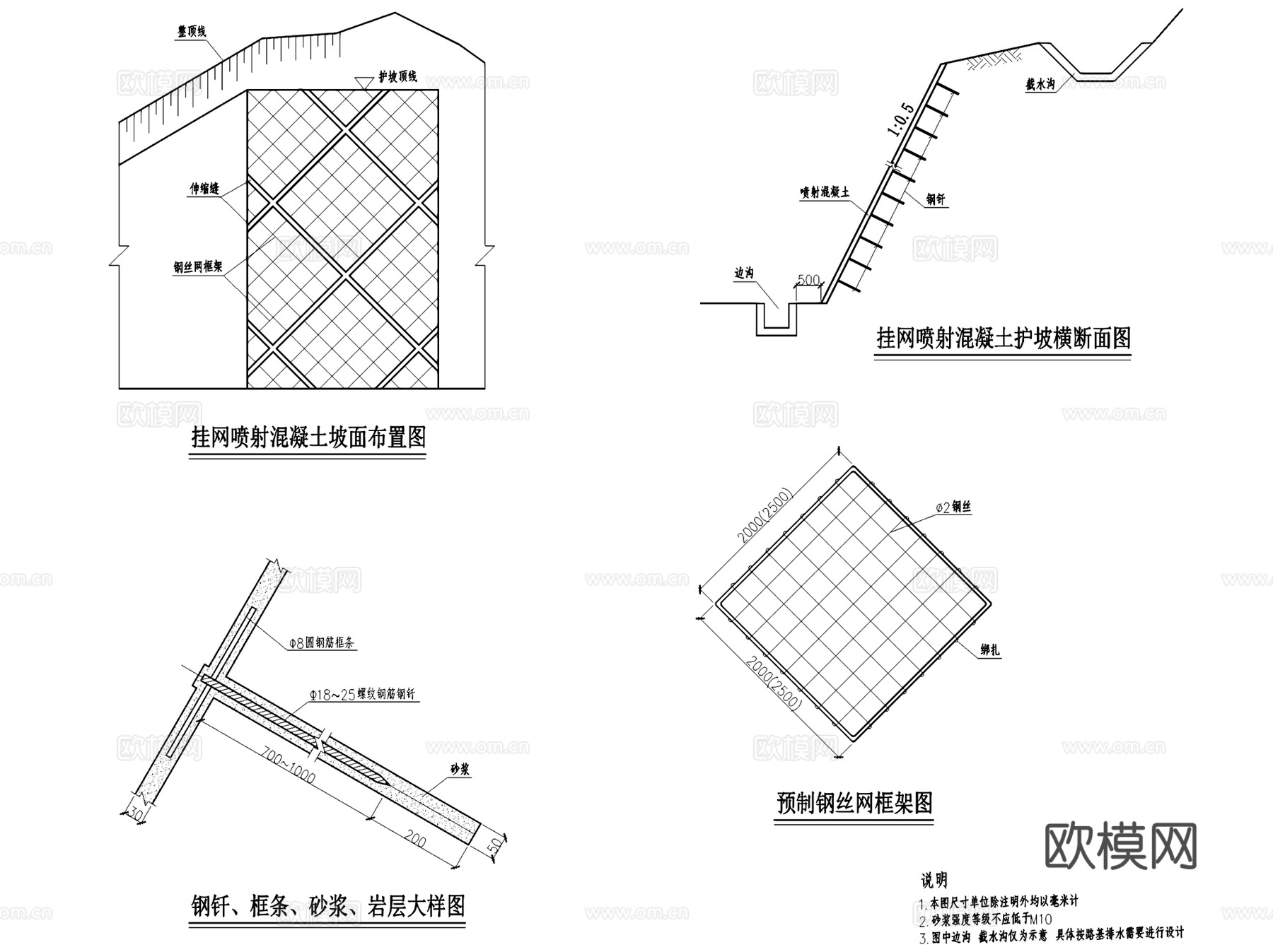 道路边坡防护景观大样CAD施工详图 19套cad施工图