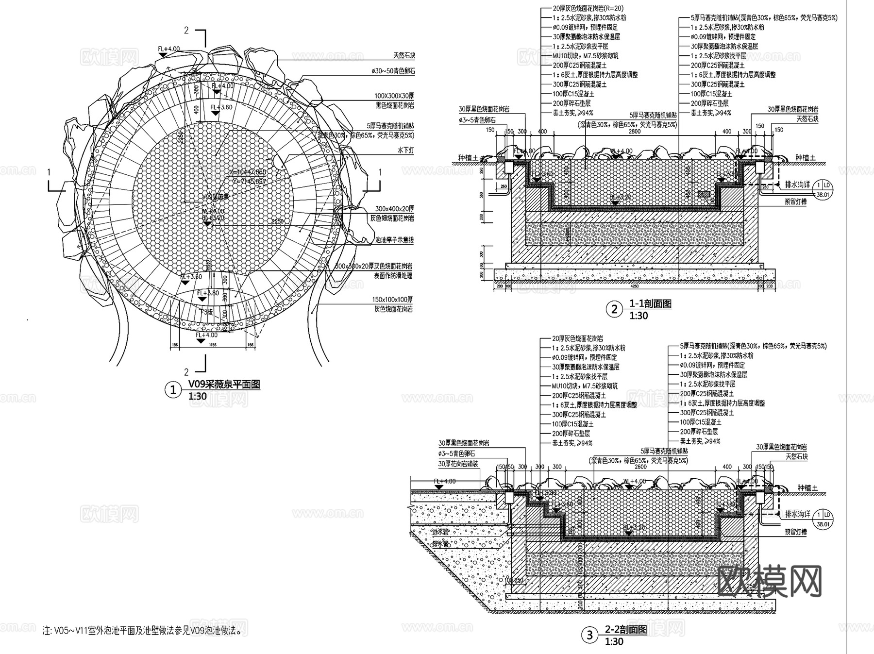 各风格温泉泡池水池景观水景CAD施工图集 4套cad施工图