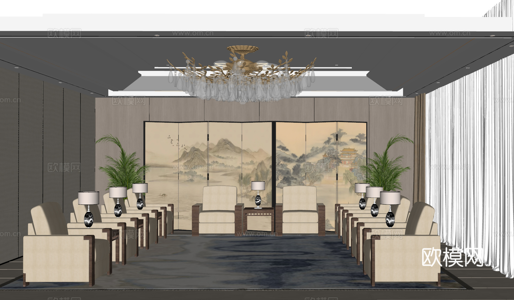 新中式 接待室 会客厅 会议室 接待室沙发 办公接待室su模型