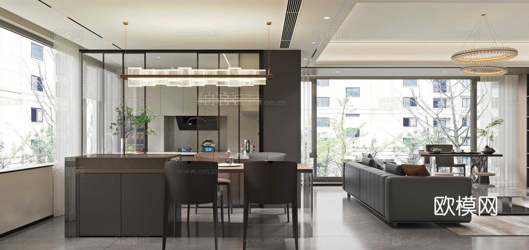意式餐厅 岛台餐厅 餐厅吊灯 现代餐厅3d模型下载
