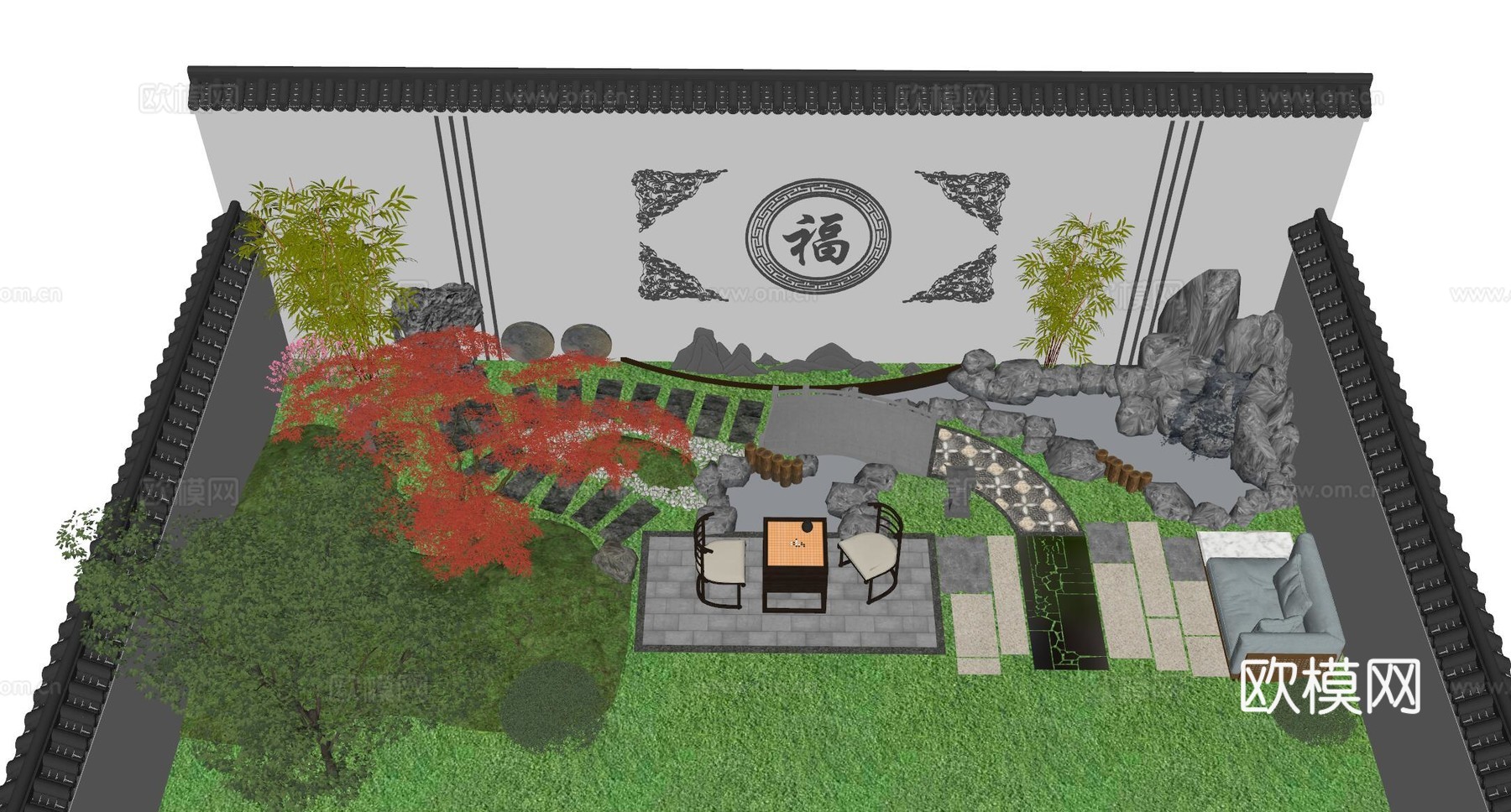 新中式 鸟瞰庭院景观  庭院景观 休闲庭院 花园su模型