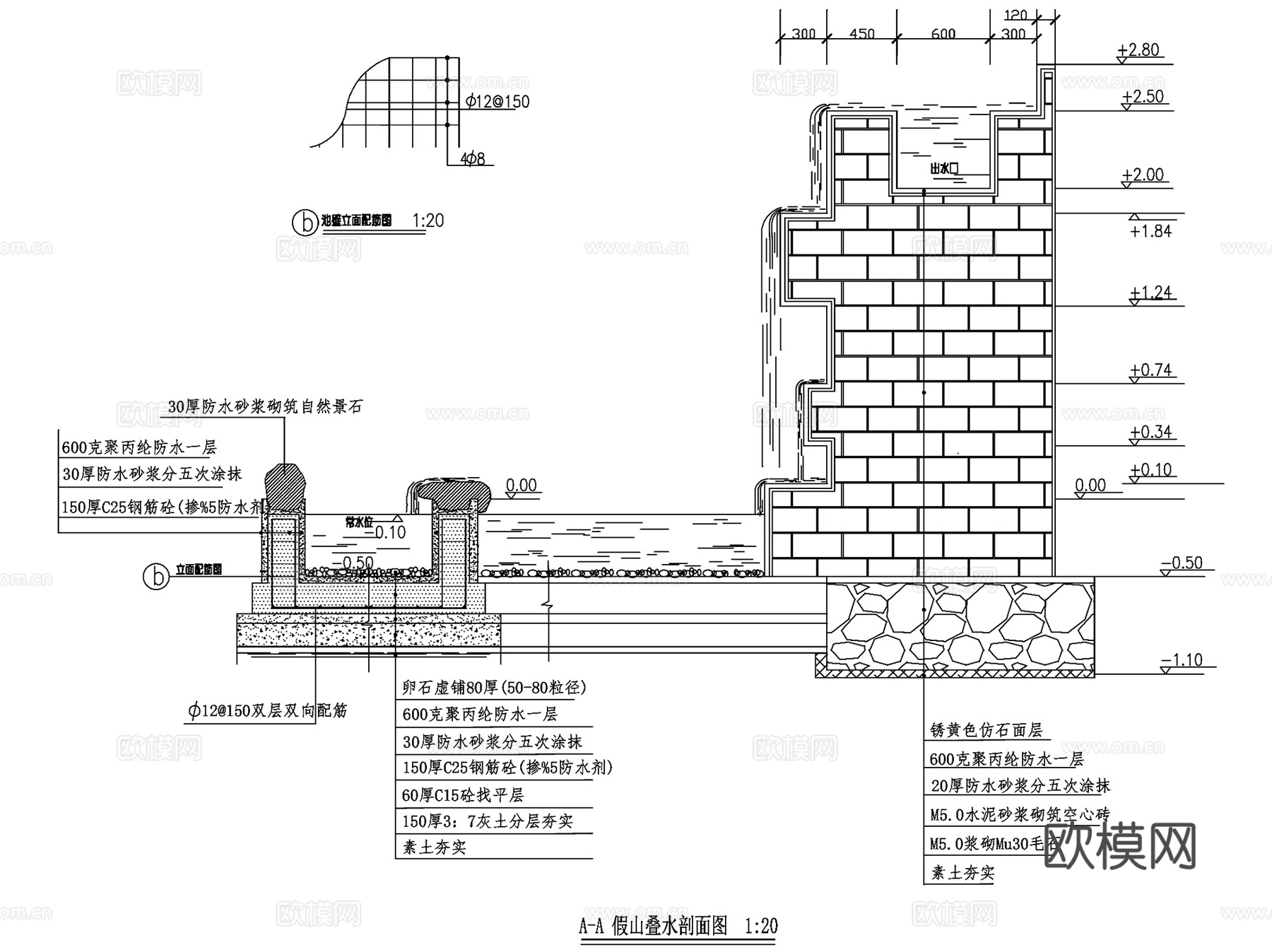 假山跌水叠水瀑布置石景观CAD施工图集cad施工图