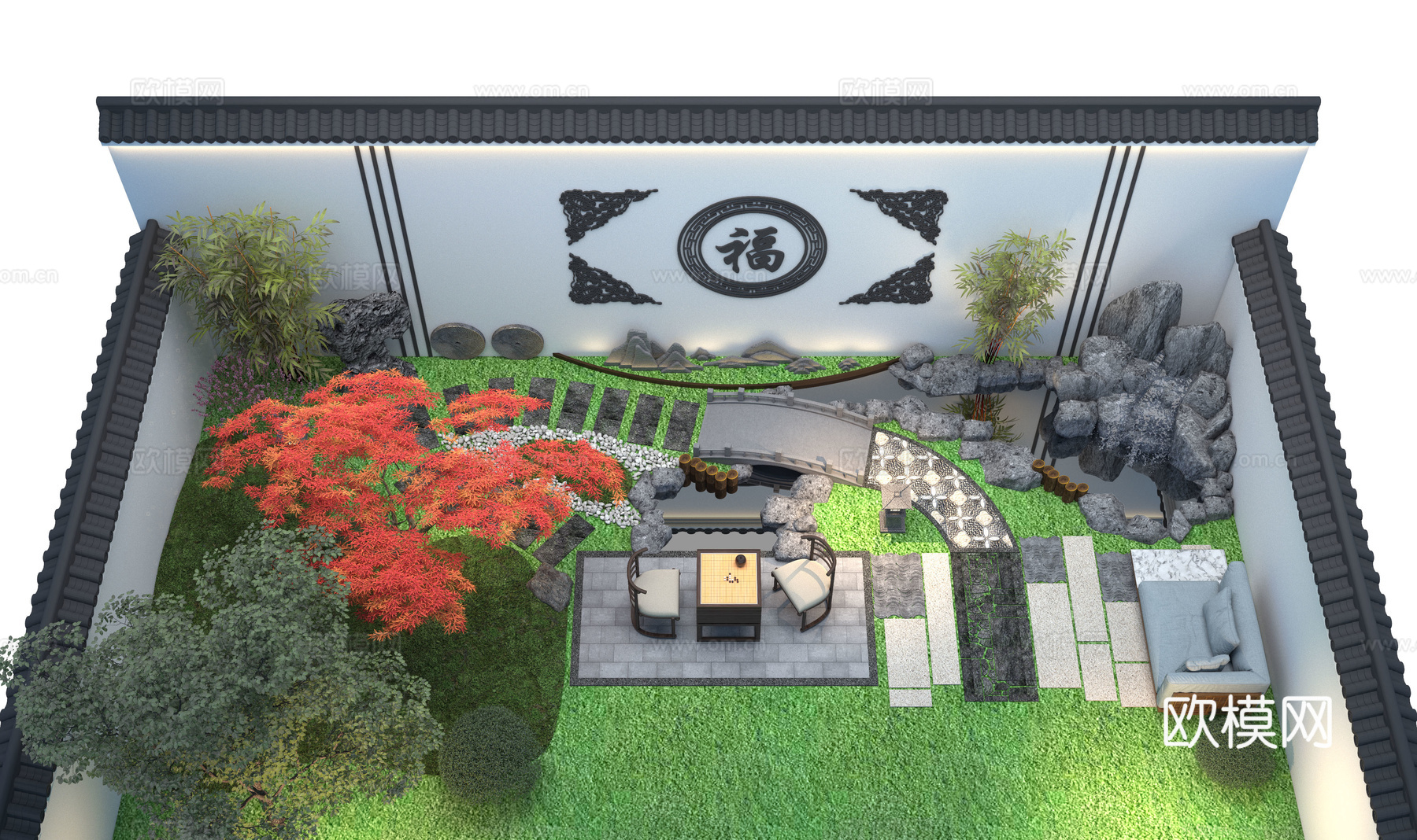 新中式 鸟瞰庭院景观  庭院景观 休闲庭院 花园su模型