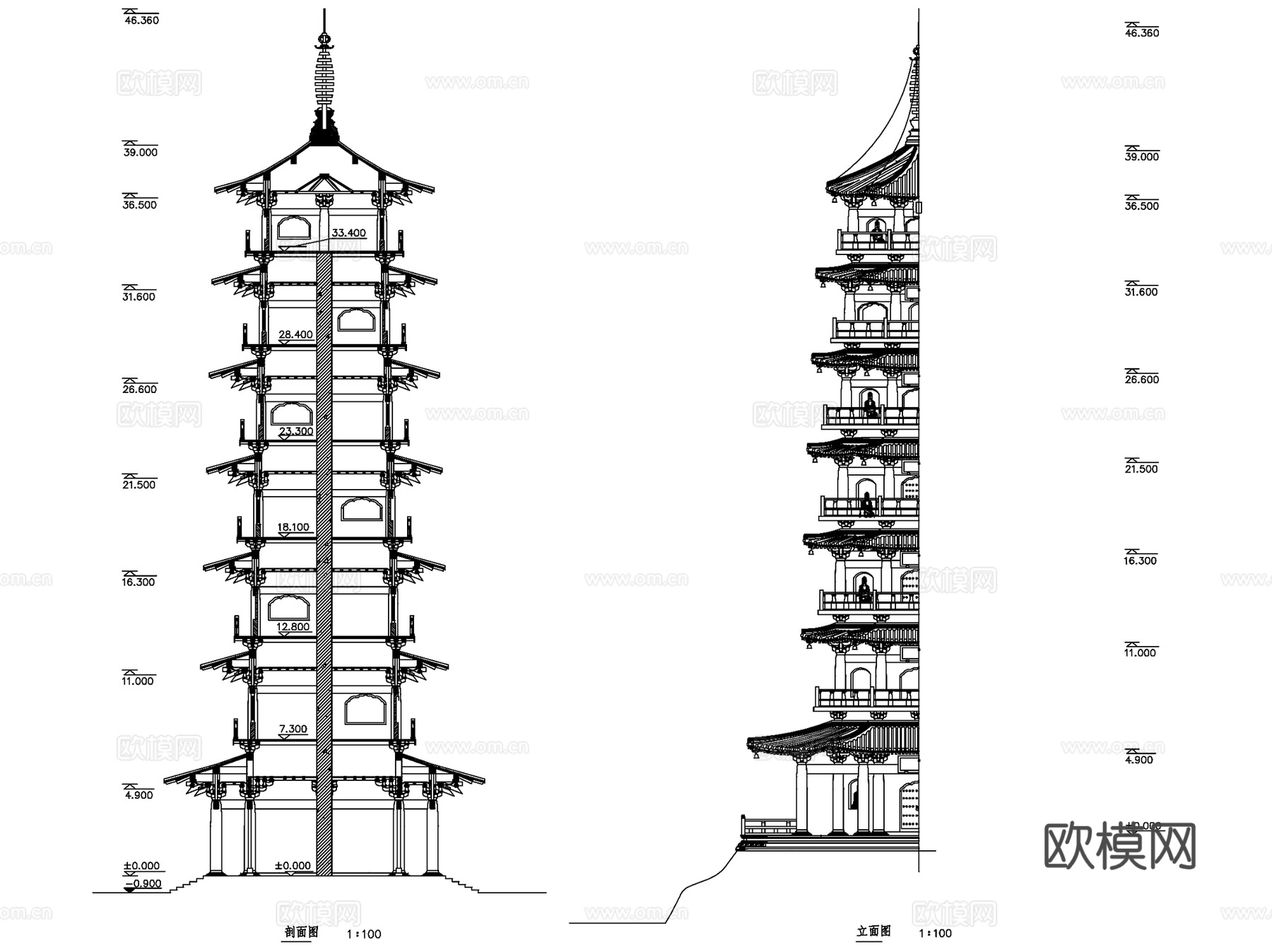 古建园林古塔CAD施工图大样详图集 2套cad施工图