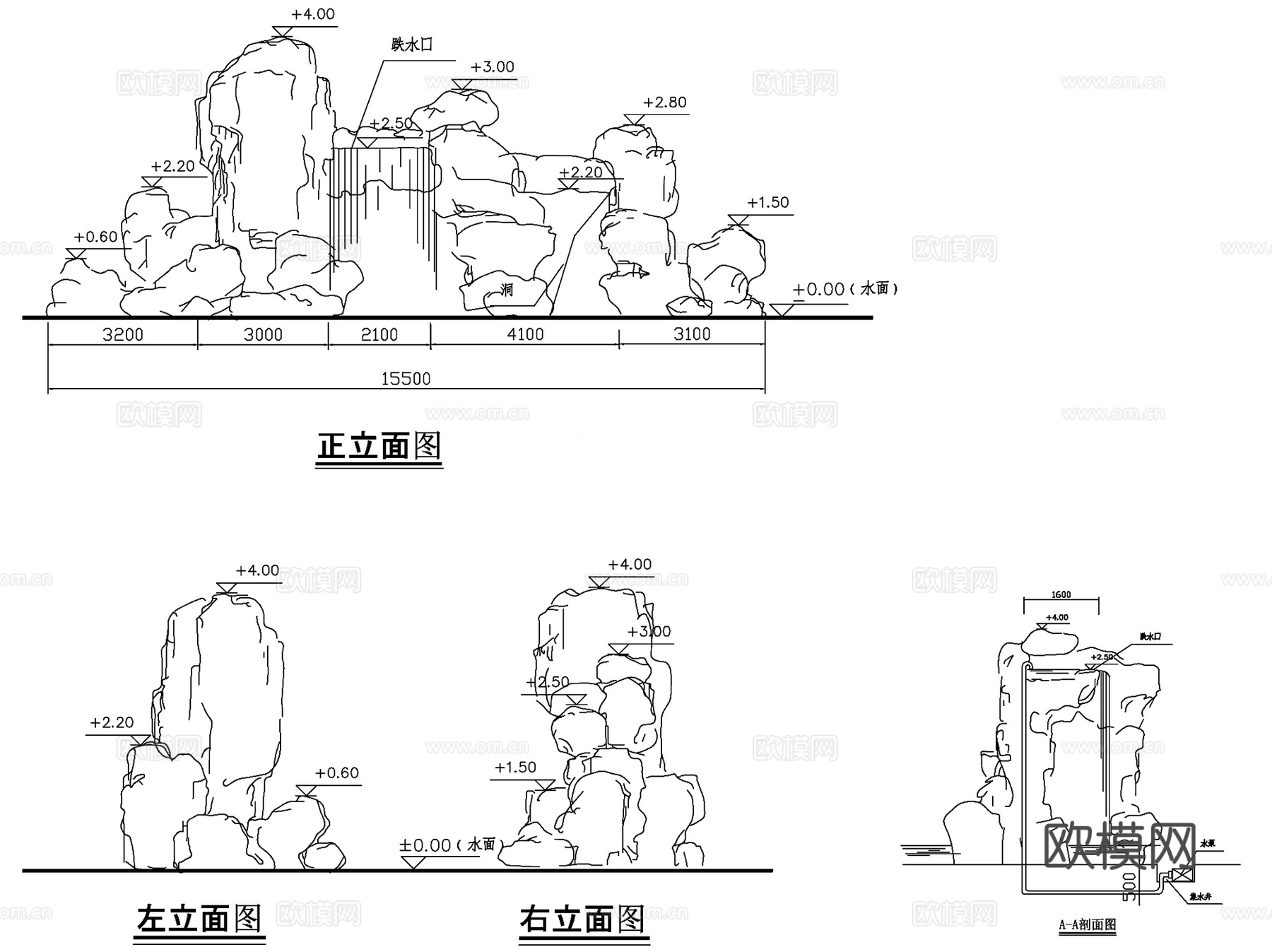 假山跌水叠水瀑布置石景观CAD施工图集cad施工图