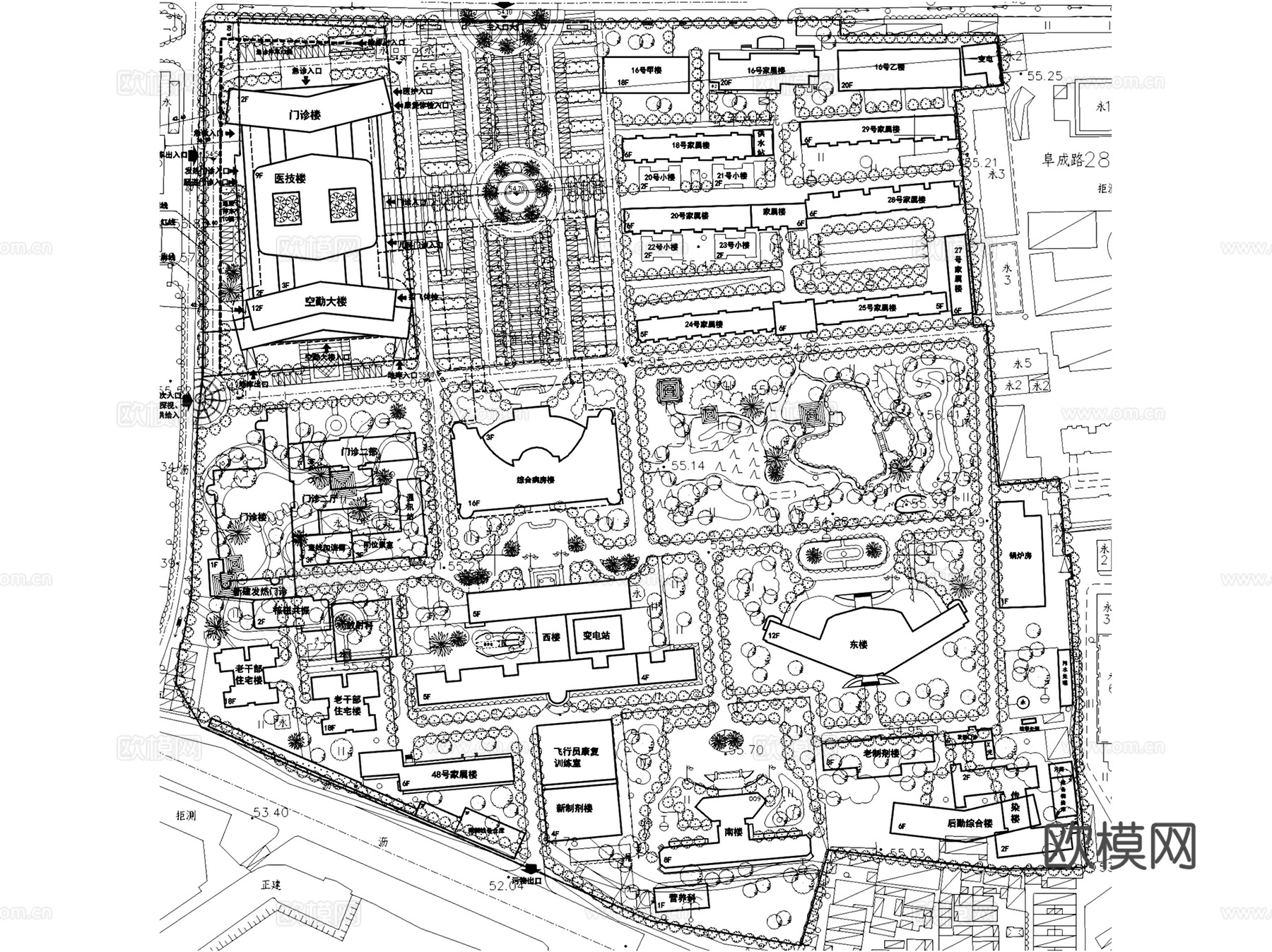 北京空军总医院门诊医技空勤大楼建筑平面CAD施工图+文本cad施工图