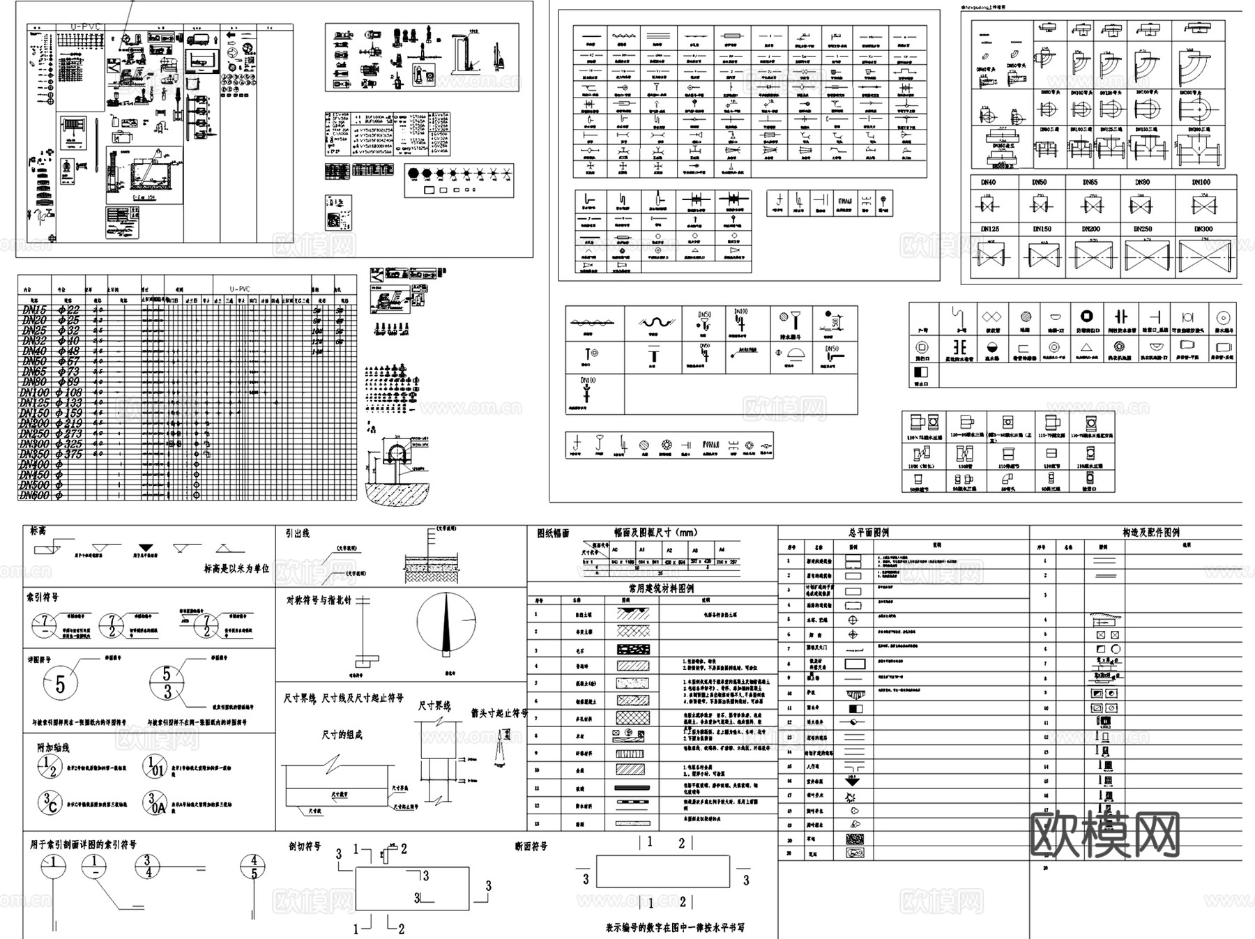 给排水水处理设备阀门水泵洁具CAD图块图例集  10套cad施工图