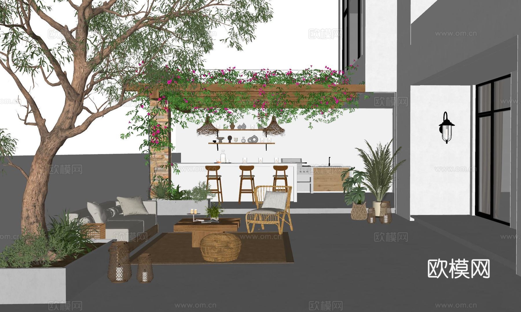 现代庭院景观  居家庭院 别墅庭院 户外沙发 户外餐桌 庭院su模型