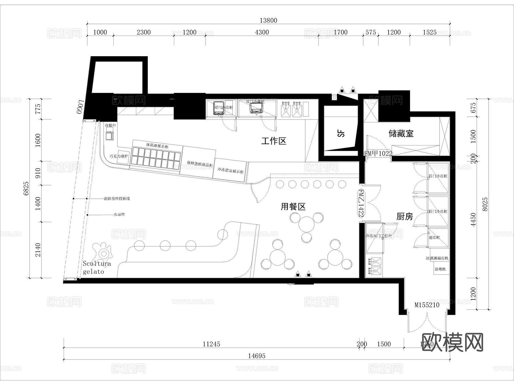 7套意大利冰淇淋店雪糕甜品店CAD平面布置图cad施工图