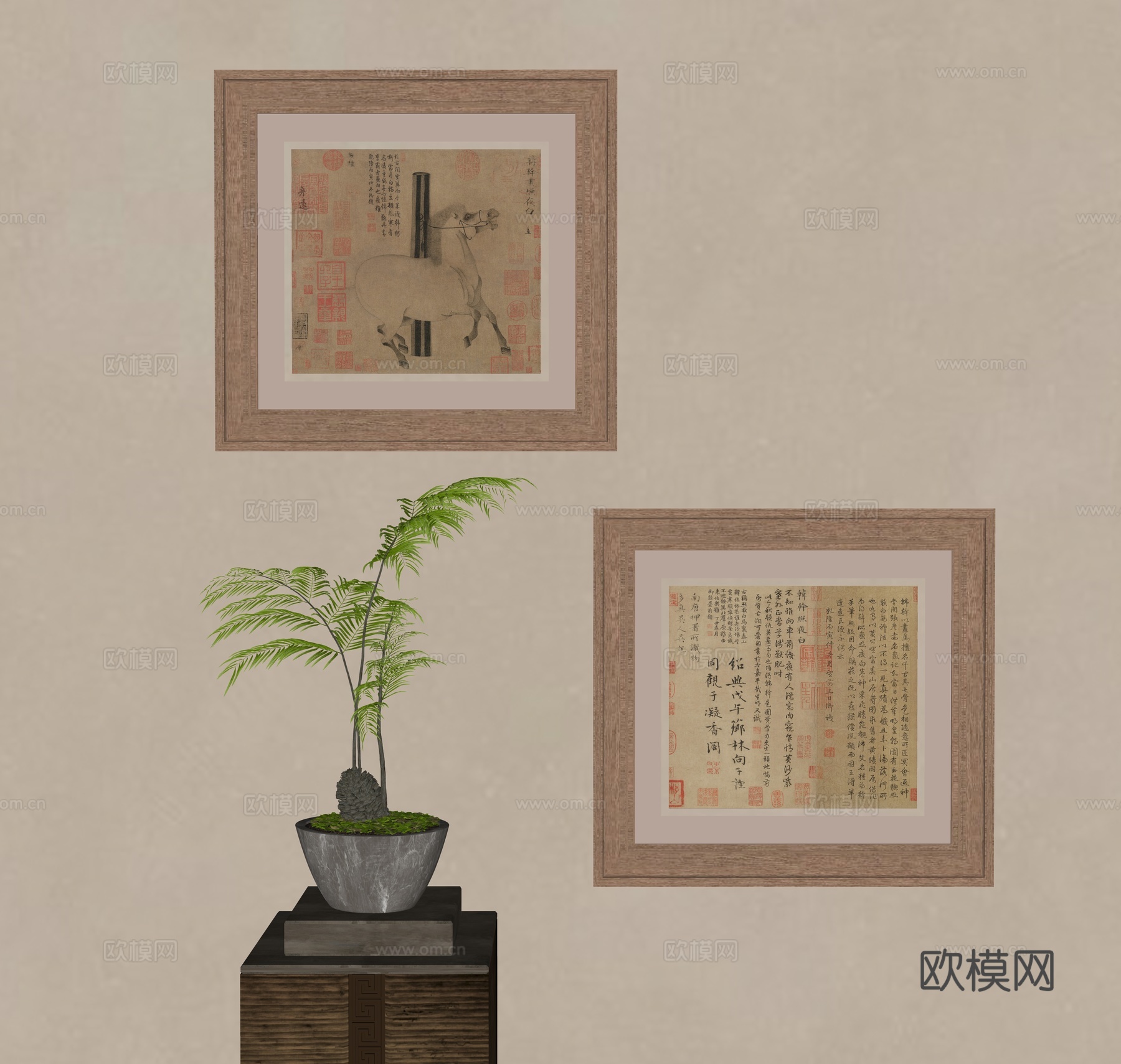 中式书法字画 绿植盆栽su模型