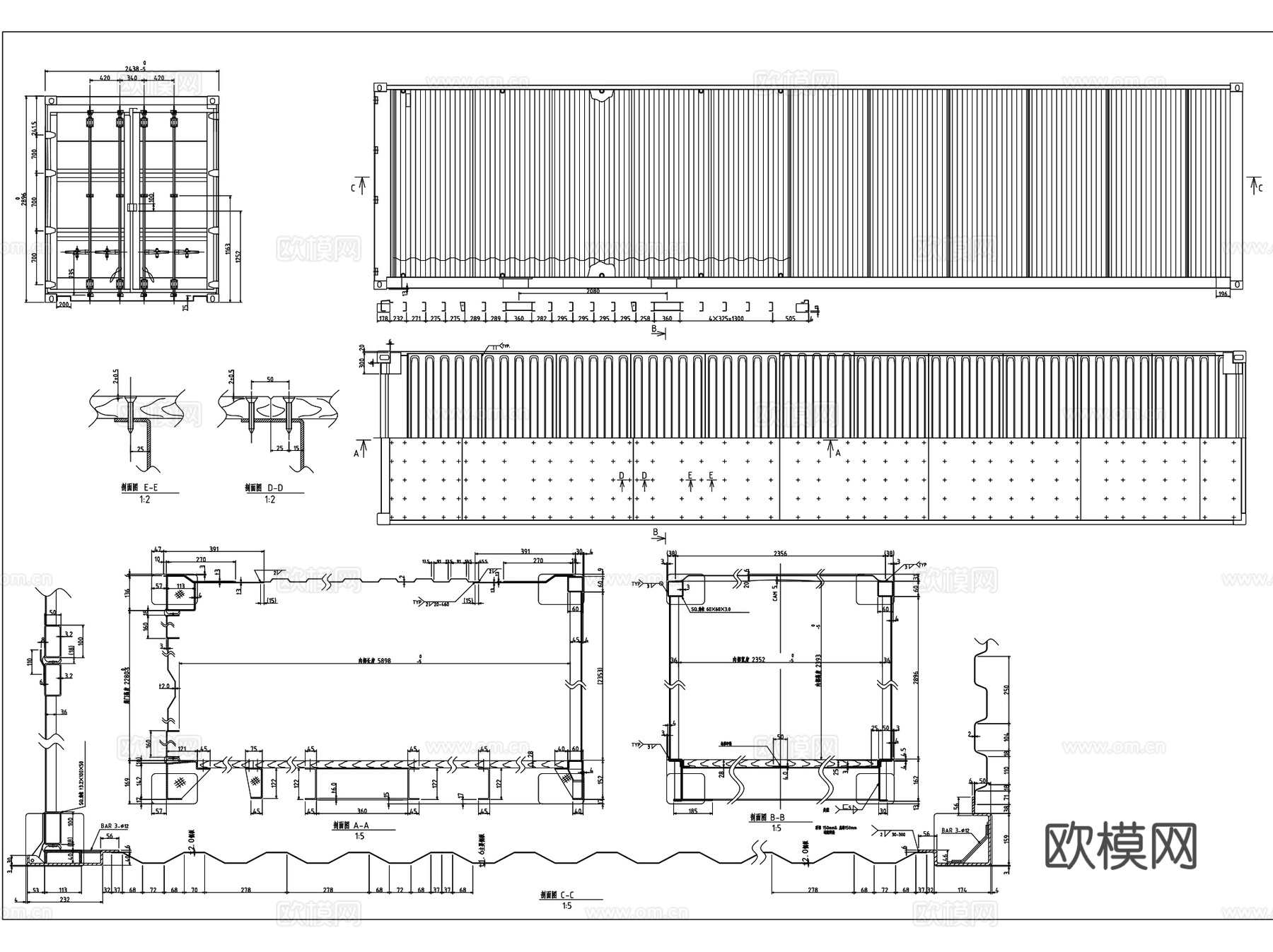 集装箱国际标准尺寸建筑房屋CAD施工图集cad施工图