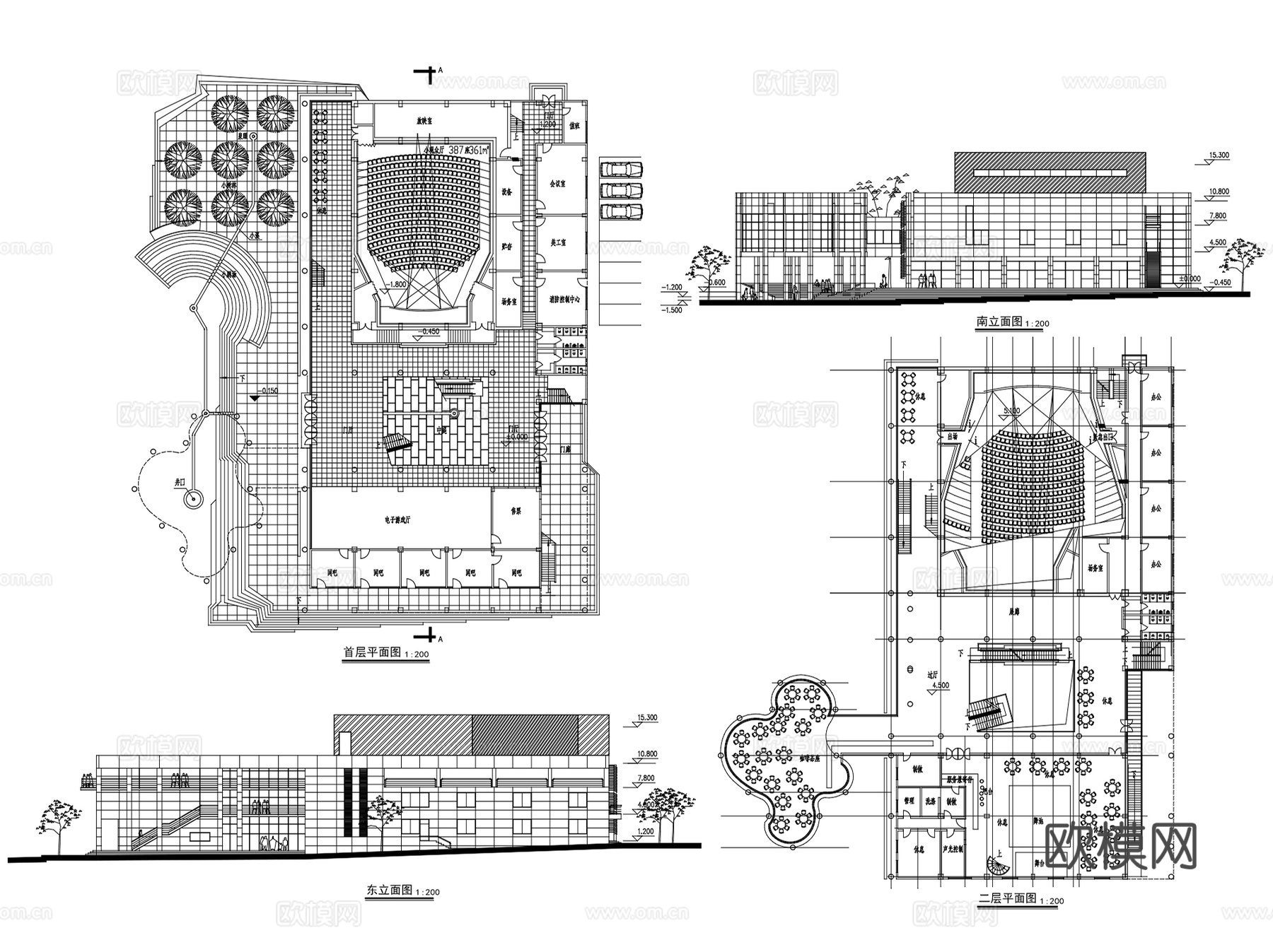 电影院剧院剧场建筑设计CAD施工图集 14套cad施工图