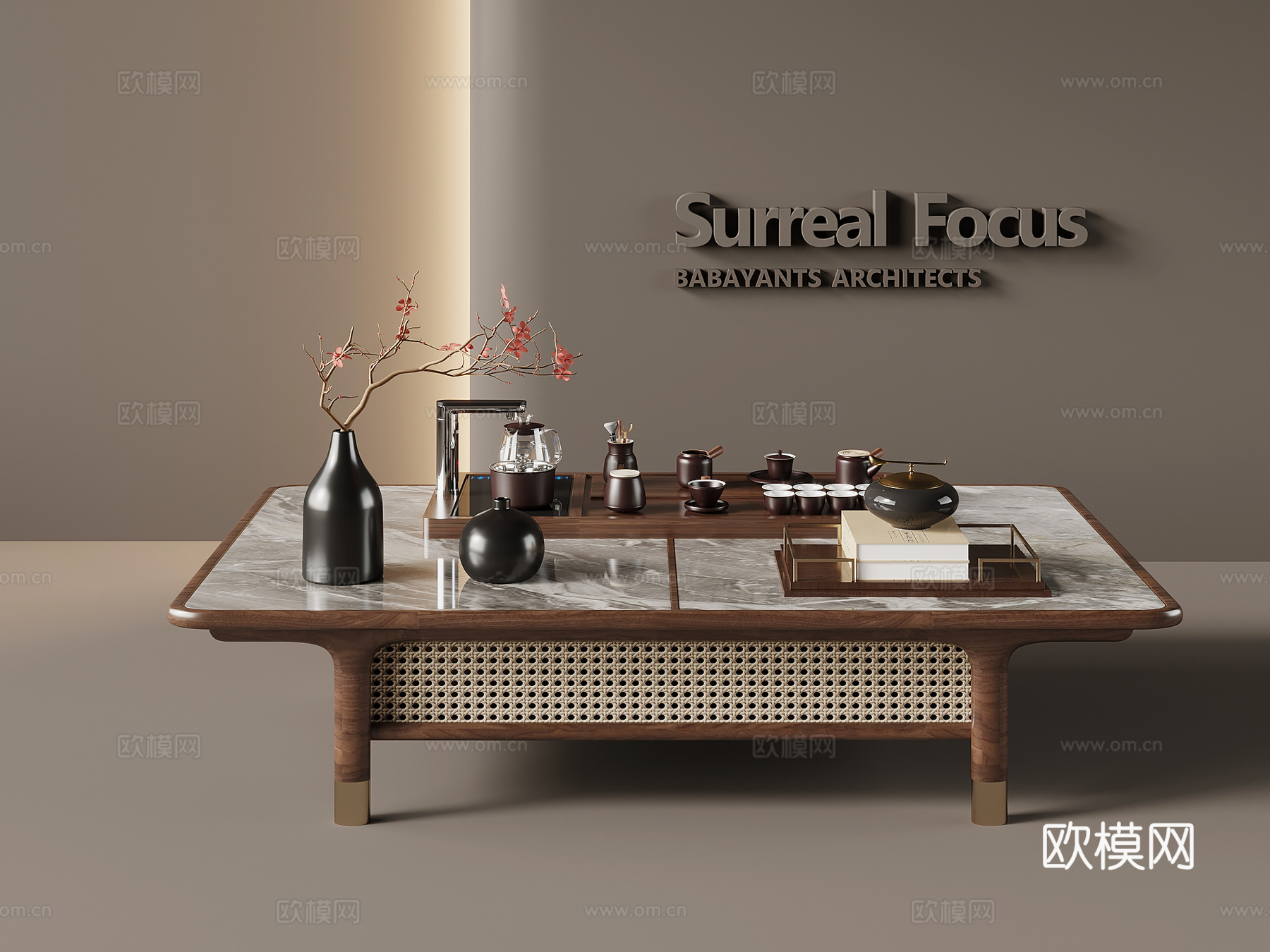 新中式茶几 实木茶几 方形茶几su模型