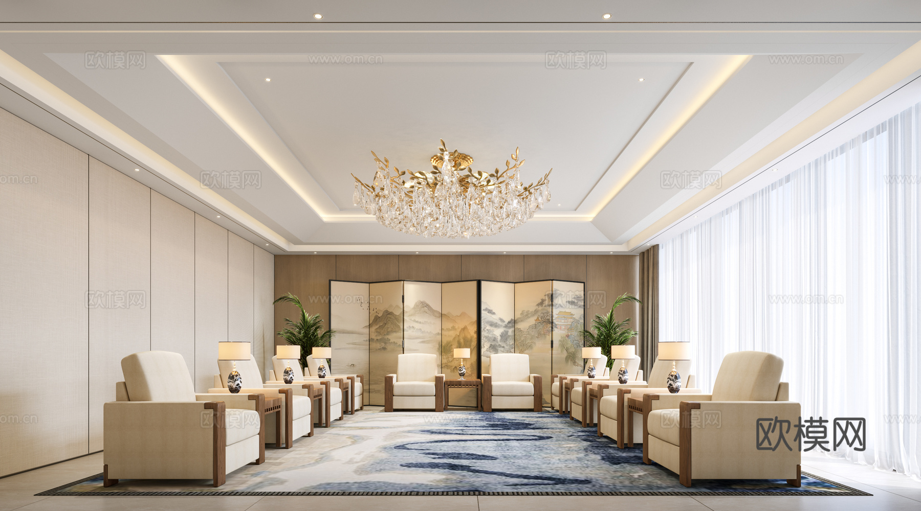 新中式 接待室 会客厅 会议室 接待室沙发 办公接待室3d模型下载