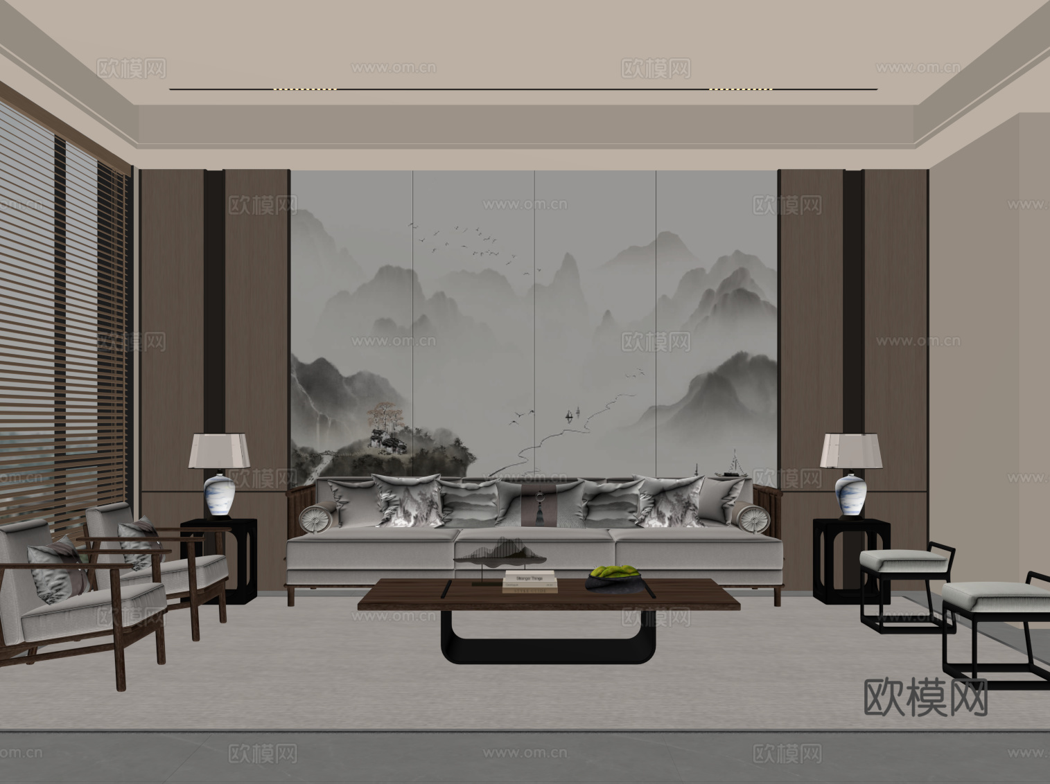 新中式客厅 沙发茶几组合 沙发背景墙su模型