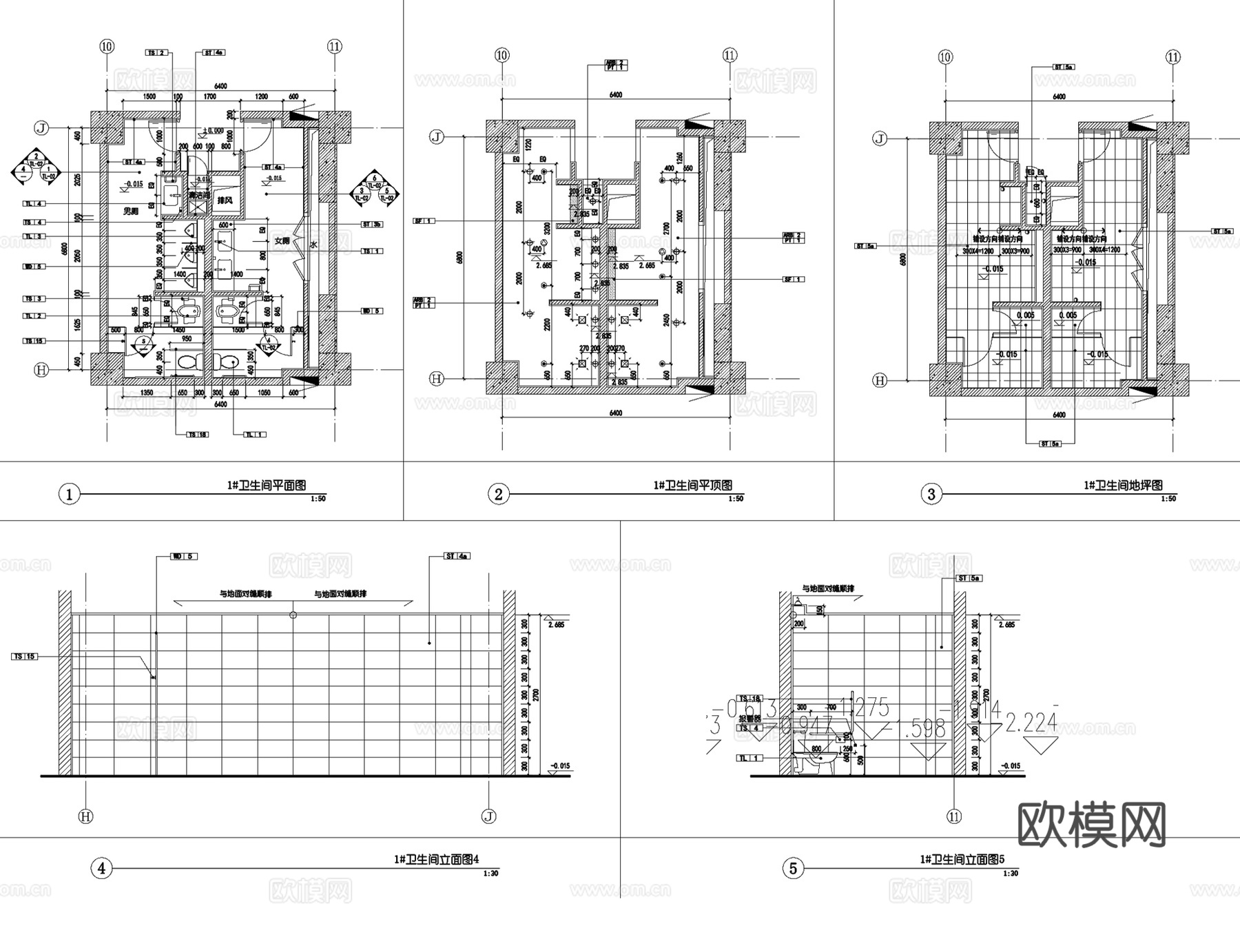 公共卫生间平立剖及隔断节点CAD施工图集 13套cad施工图