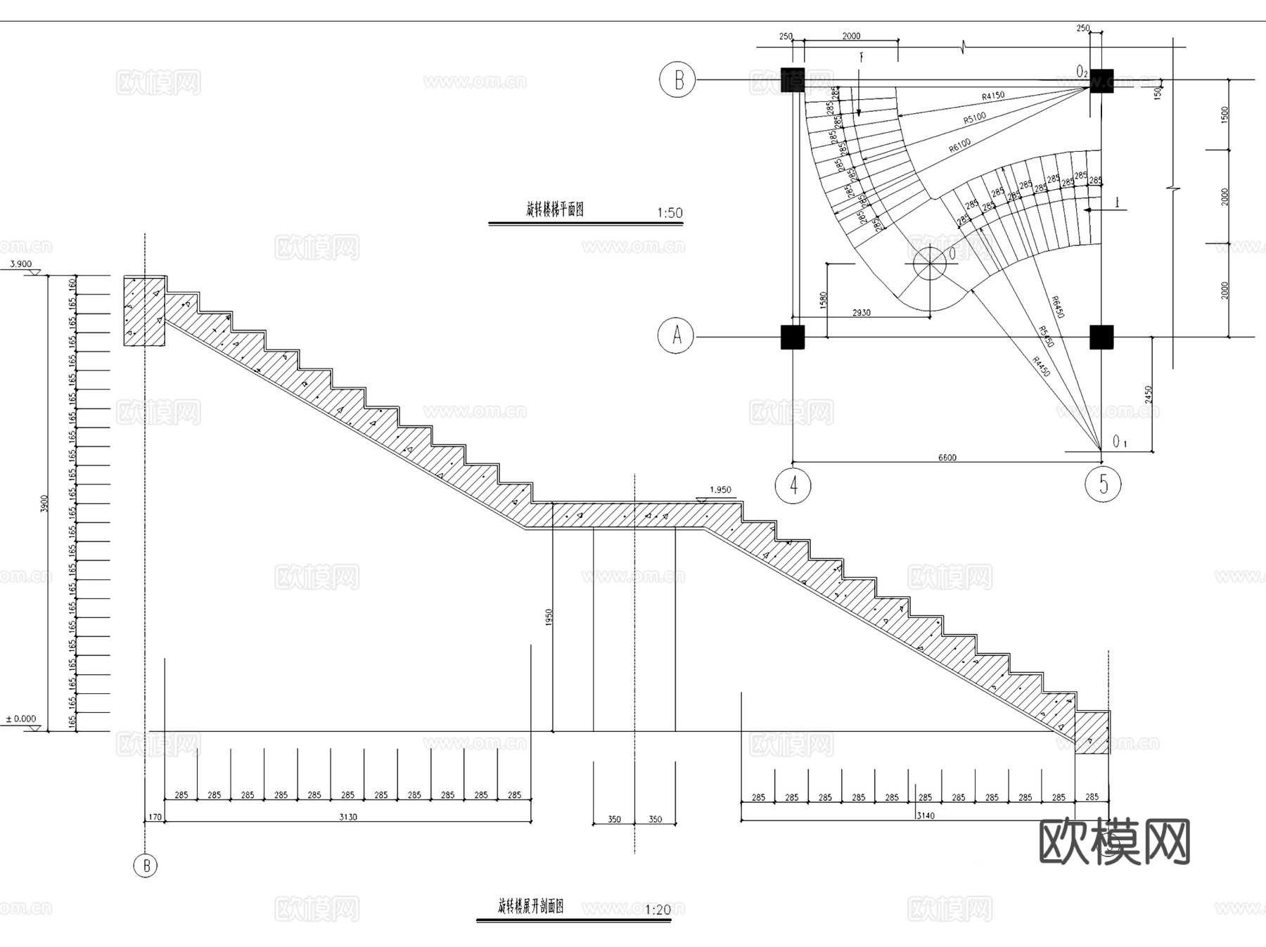 钢筋混凝土结构旋转楼梯CAD施工图集 9套cad施工图