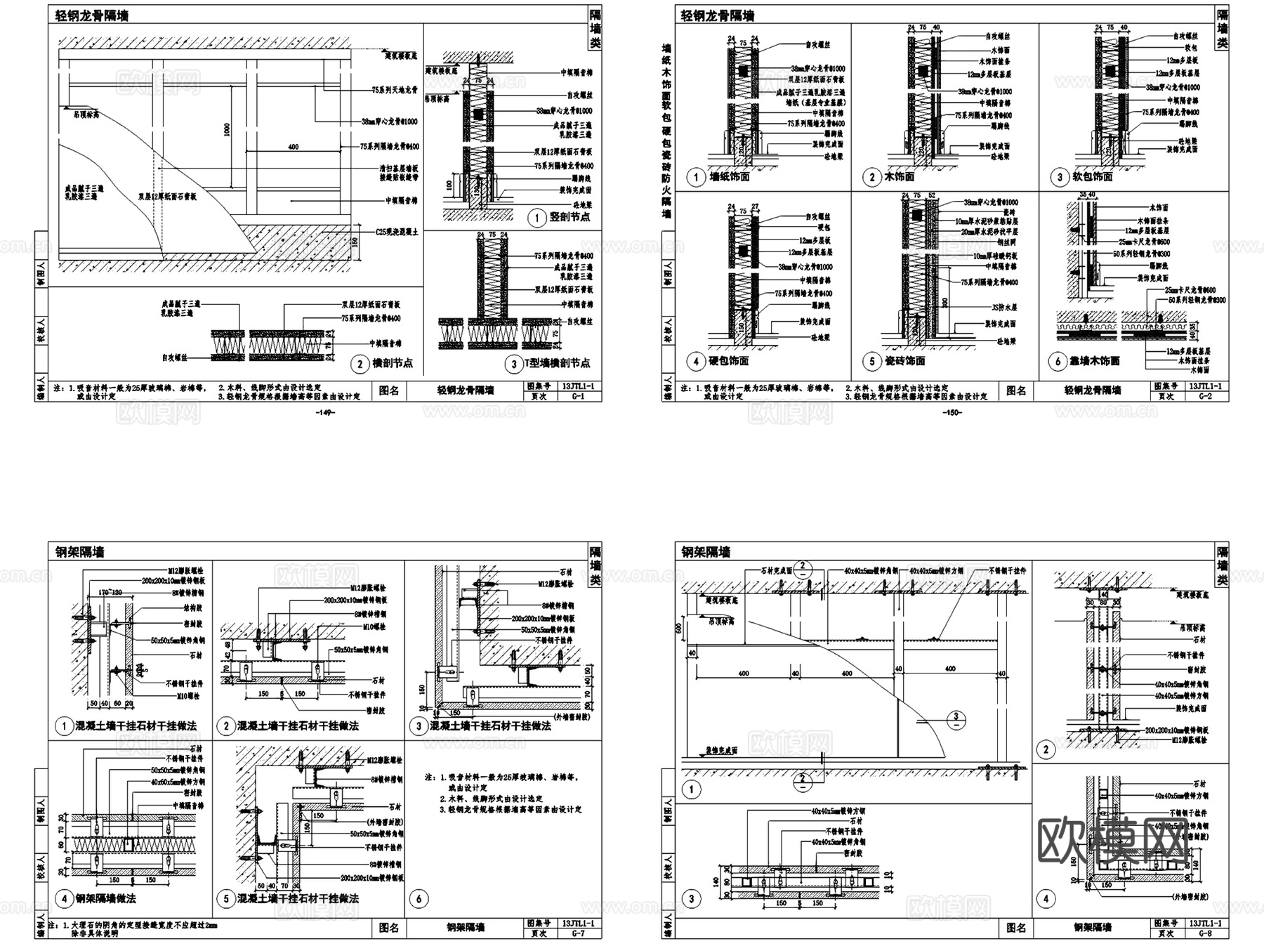 各材质墙面大样节点做法室内CAD施工图集 15套cad施工图