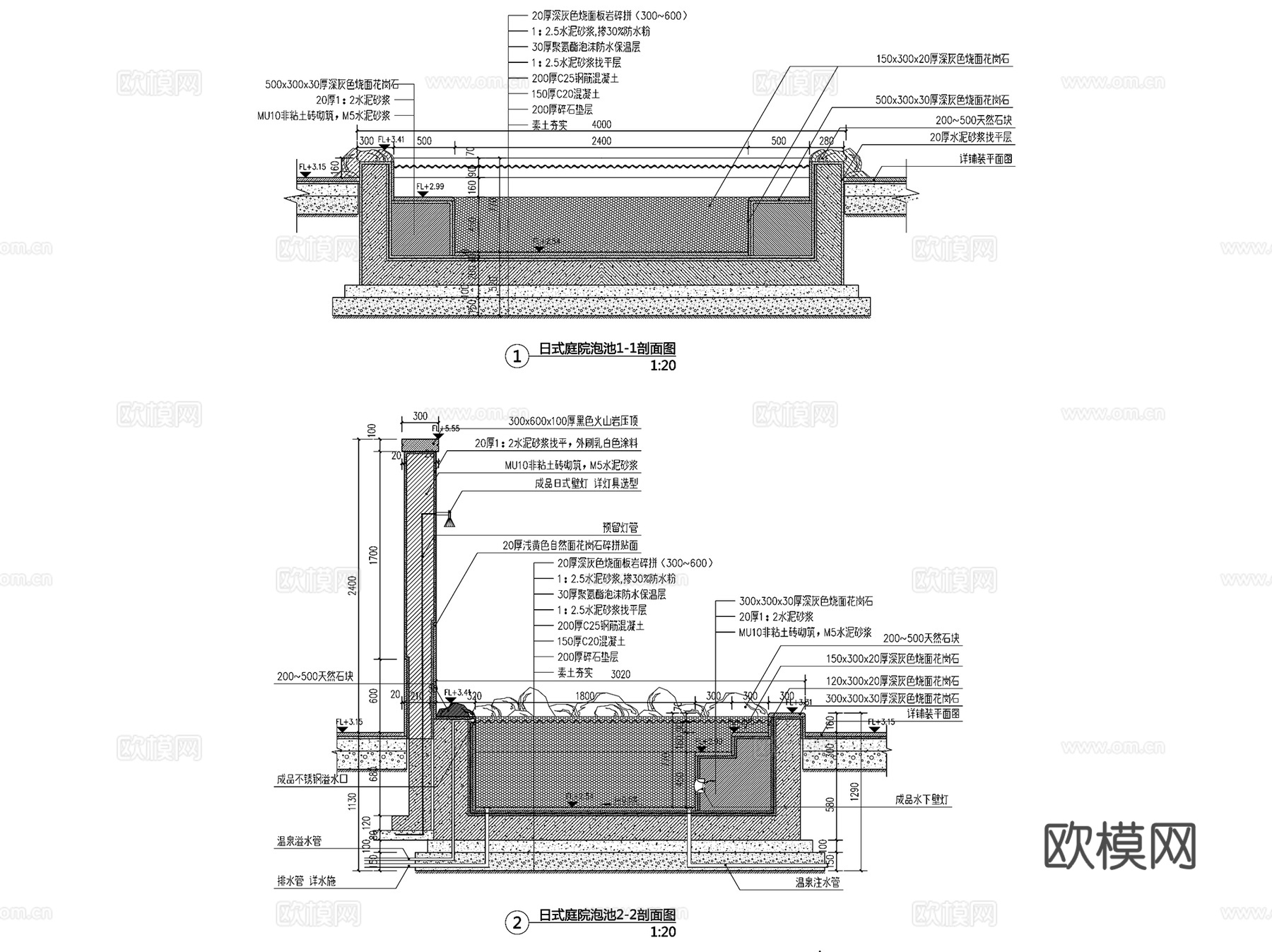 各风格温泉泡池水池景观水景CAD施工图集 4套cad施工图