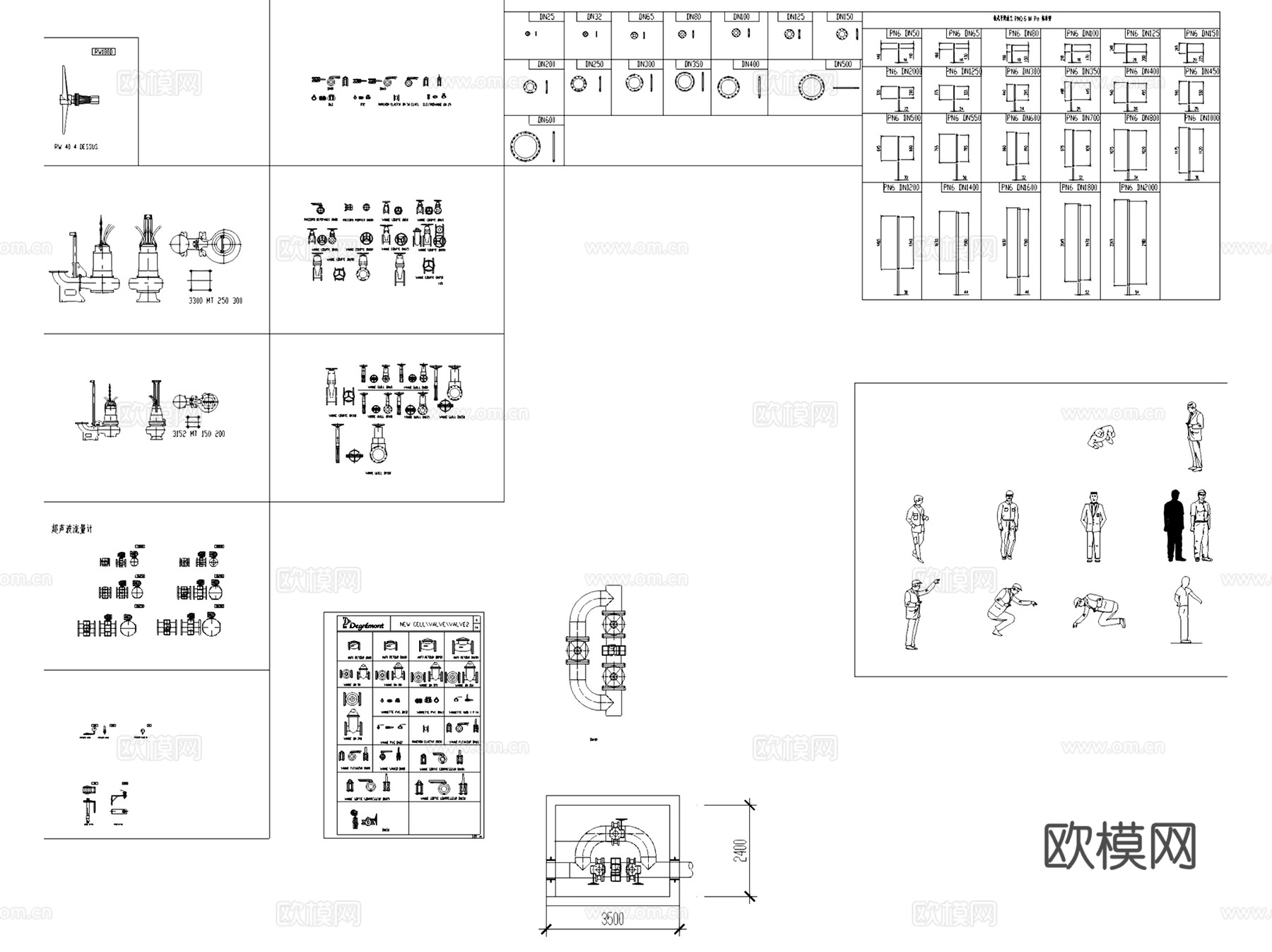 给排水水处理设备阀门水泵洁具CAD图块图例集  10套cad施工图