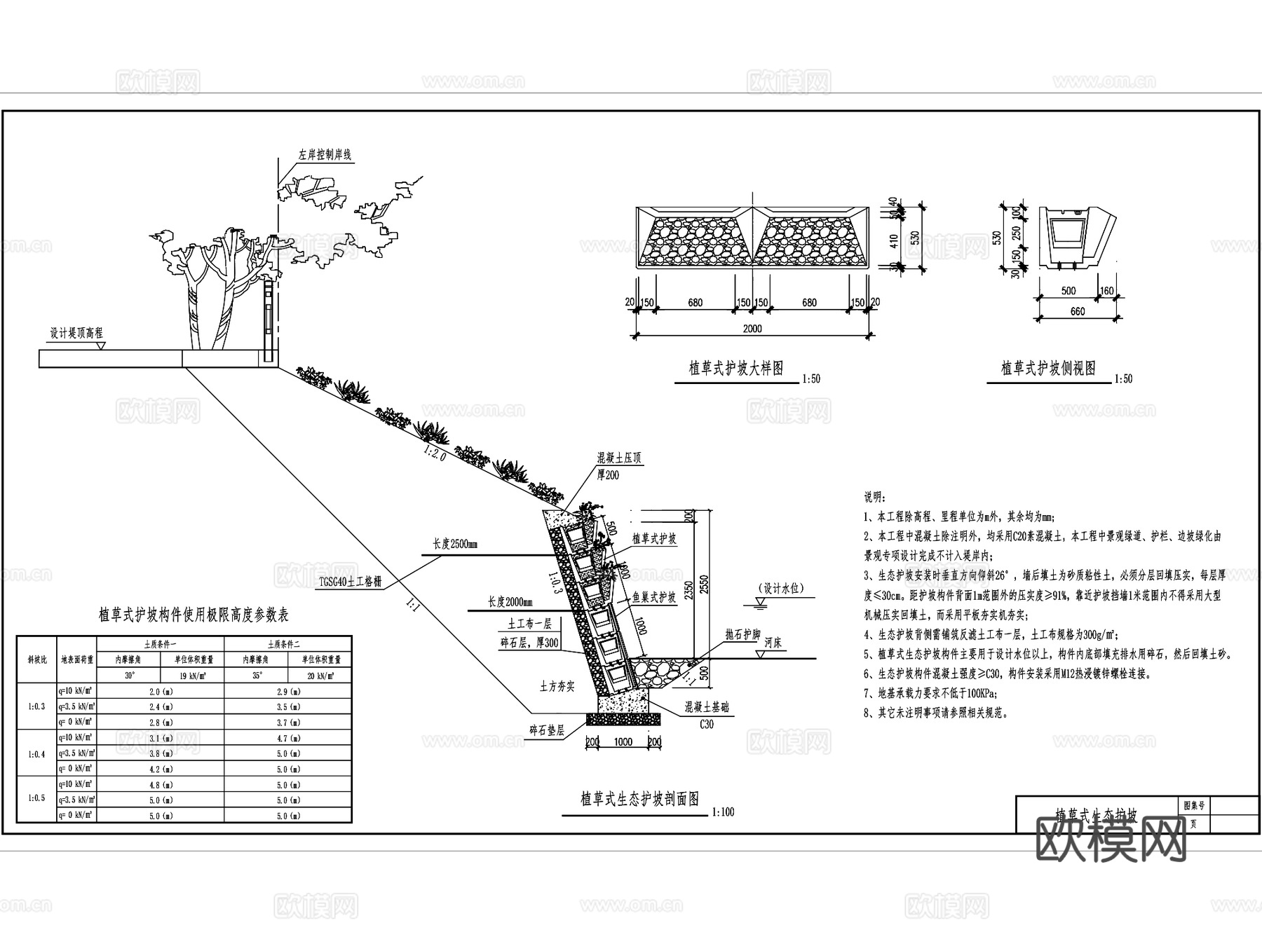 各类型生态护坡大样做法景观CAD施工图集 6套cad施工图