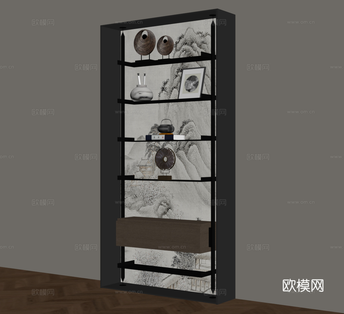 新中式置物架 装饰架su模型