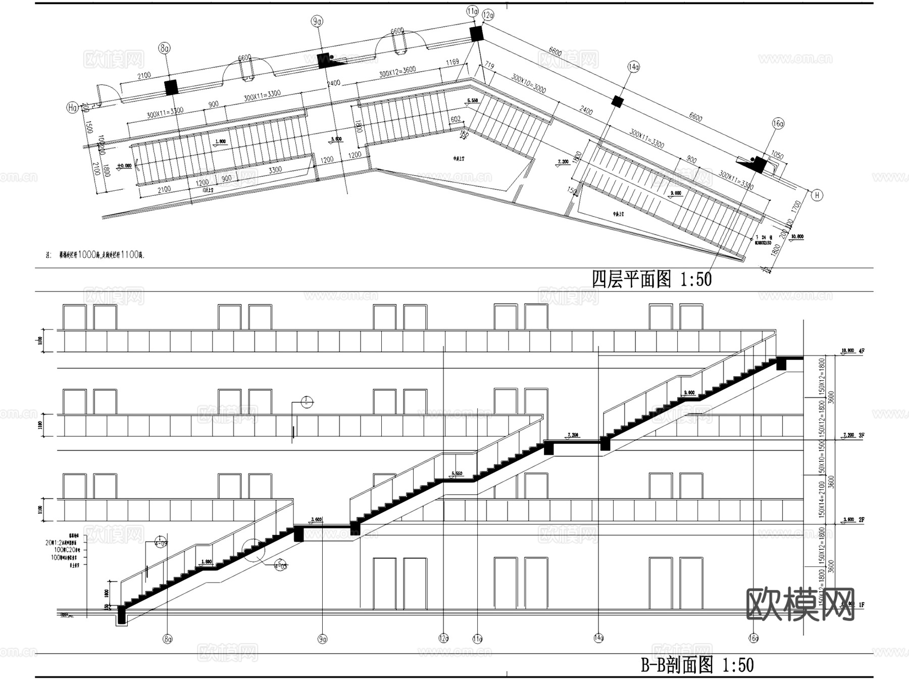 混凝土结构双折三折楼梯大样CAD施工详图集 40套cad施工图
