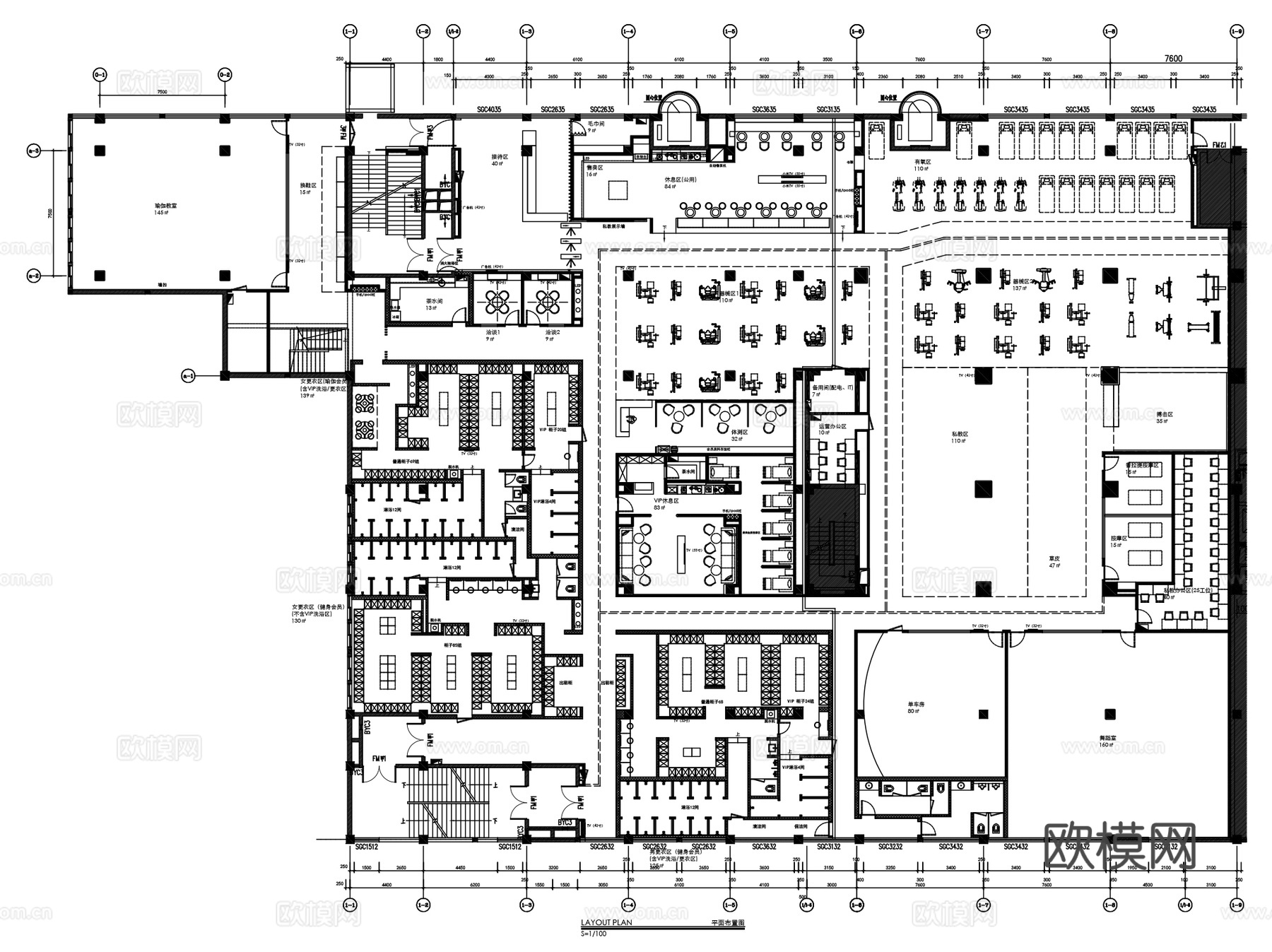 健身房会所中心俱乐部室内CAD施工图集 28套cad施工图